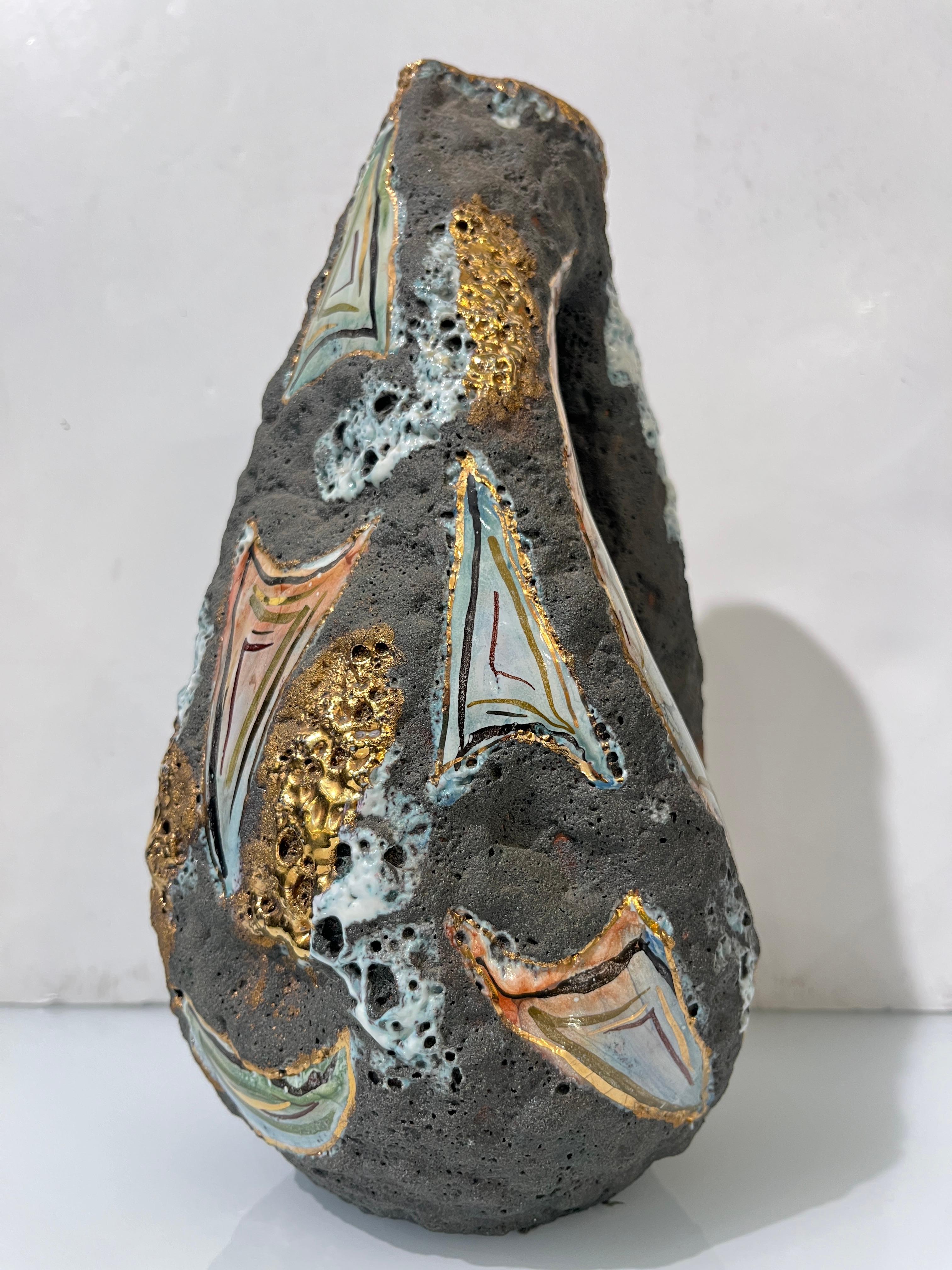 Italo Casini anni '50, metà secolo, Brutalista, grigio, oro, moderno, vaso in ceramica, caraffa in vendita 3