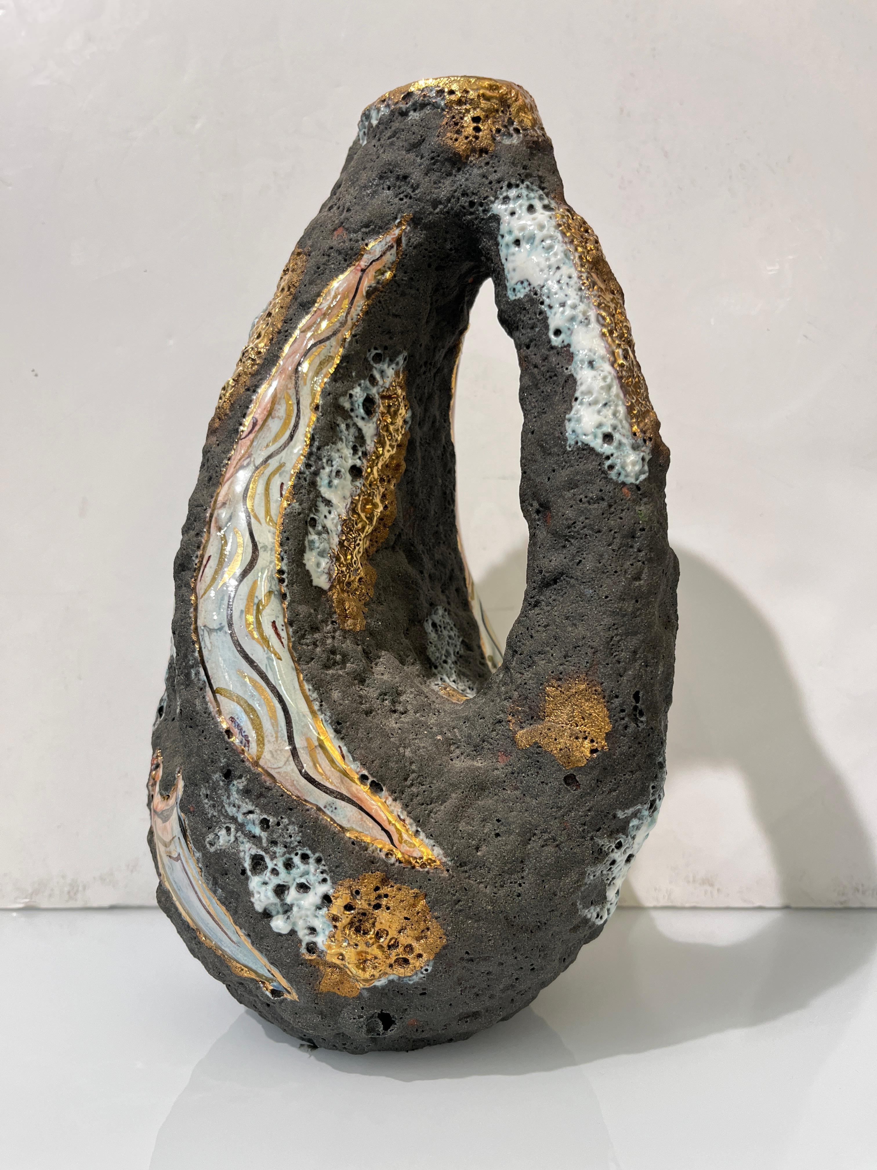 Italo Casini anni '50, metà secolo, Brutalista, grigio, oro, moderno, vaso in ceramica, caraffa in vendita 4