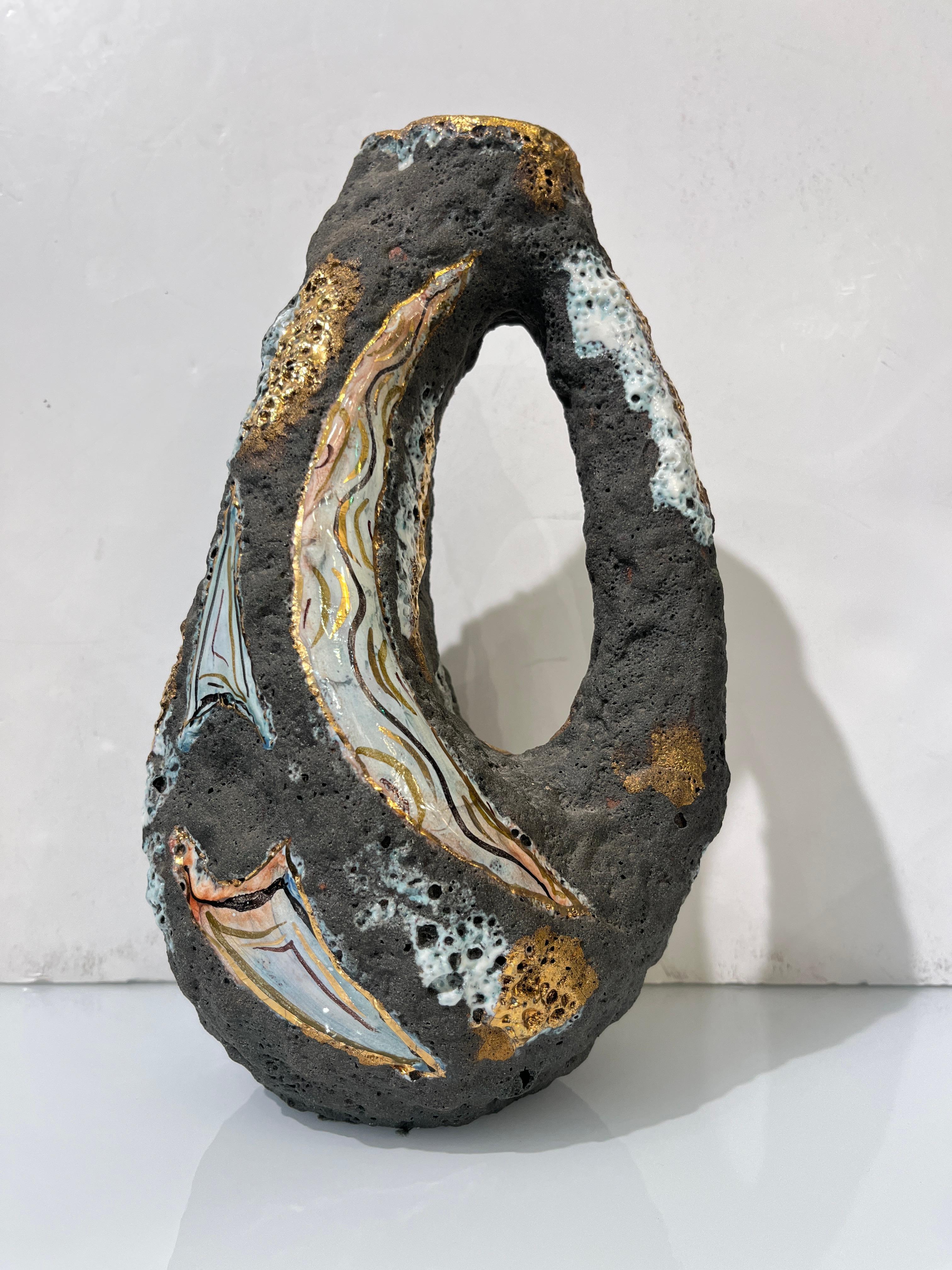 Italo Casini anni '50, metà secolo, Brutalista, grigio, oro, moderno, vaso in ceramica, caraffa in vendita 10