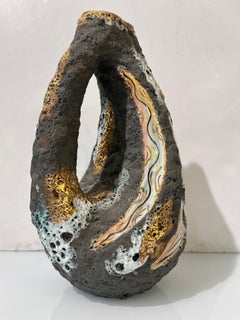 50s Italo Casini Jarrón de Cerámica Moderna Brutalista Gris Dorado Italiano de Mitad de Siglo