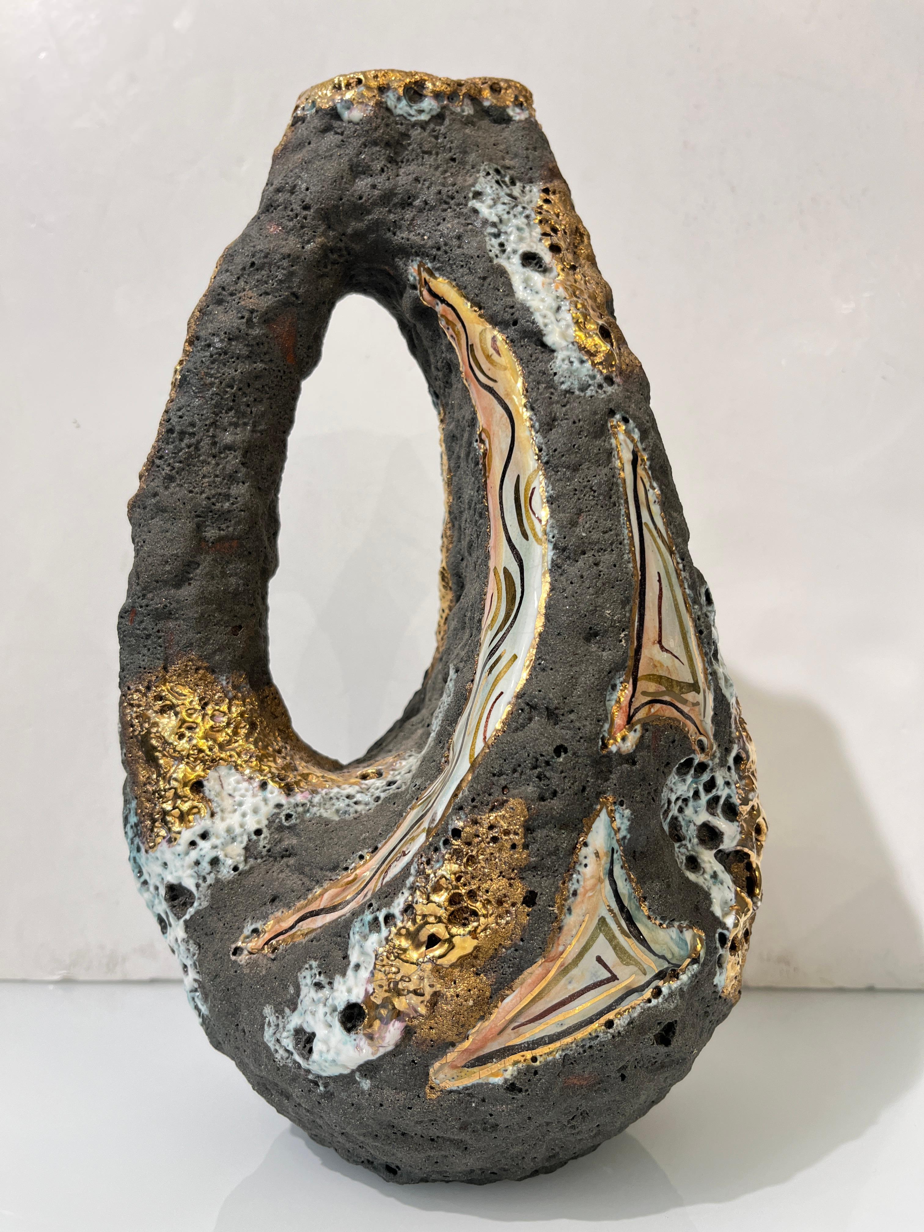Italo Casini anni '50, metà secolo, Brutalista, grigio, oro, moderno, vaso in ceramica, caraffa in vendita 1