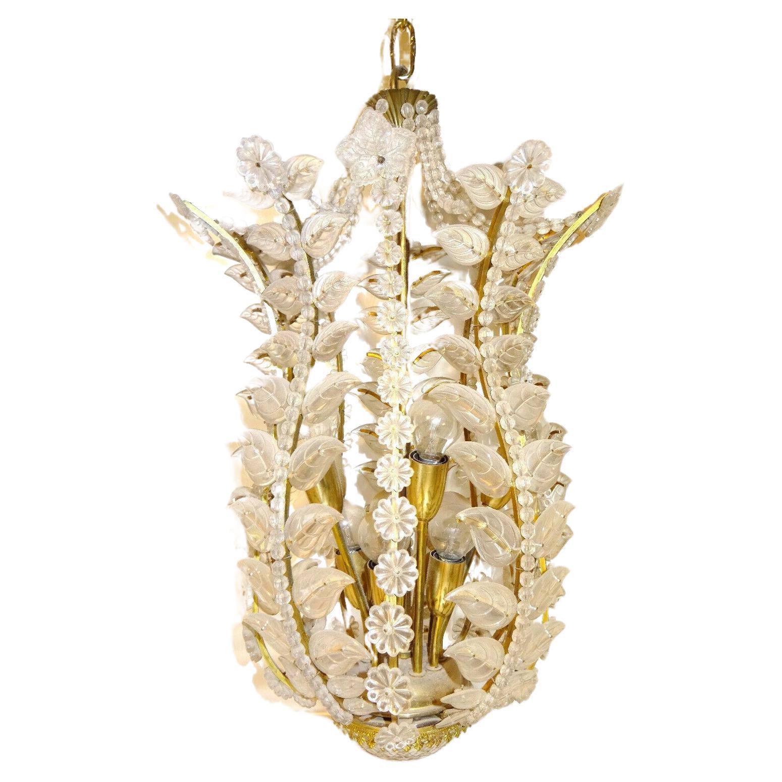 50s MCM XL 10 Light Frosted Crystal Petal Lantern type Chandelier/ Pendant Palwa For Sale