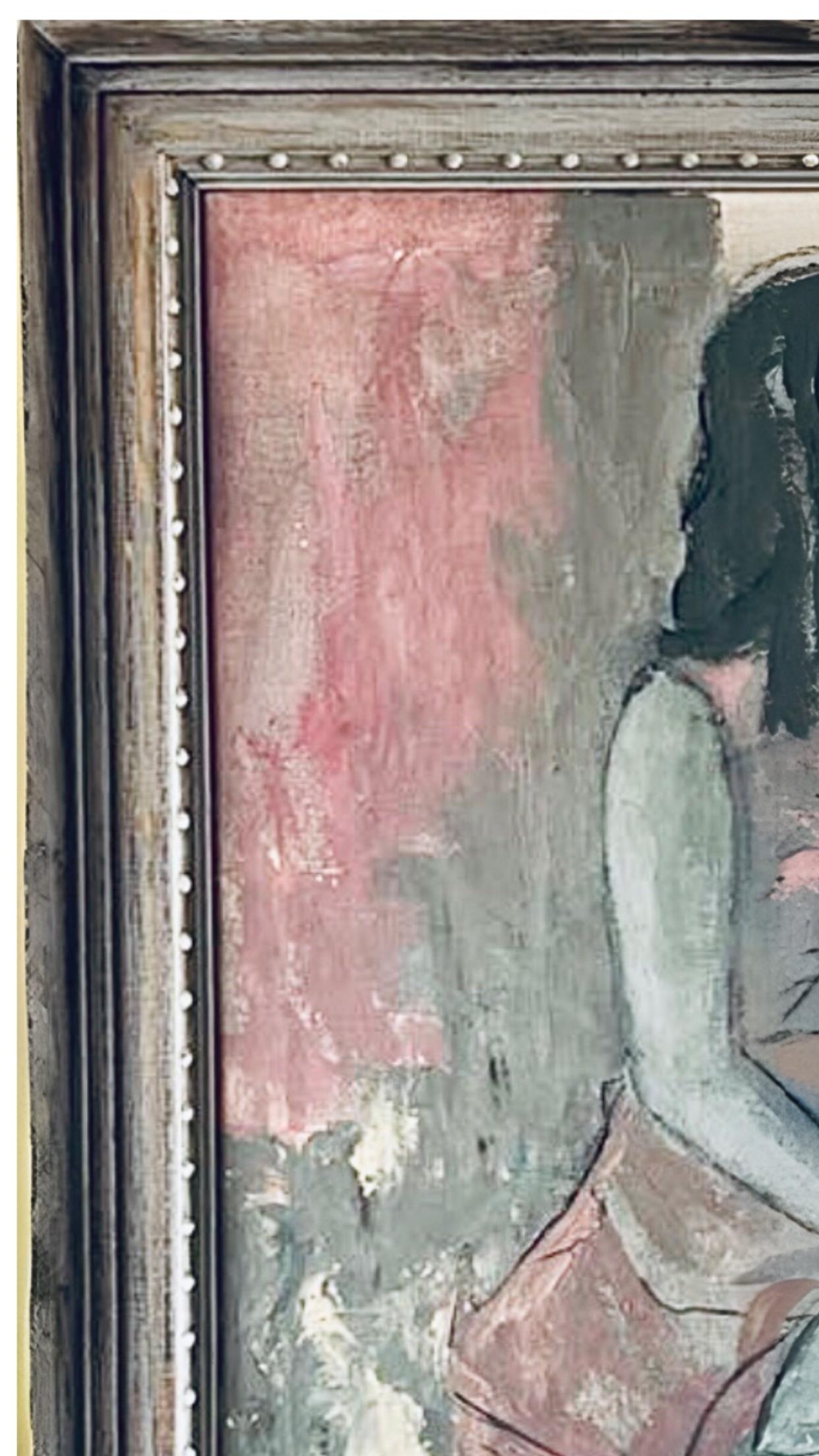 50s Mid Century Modern Tscharfinger Picasso Hommage Mädchen Rosa Kleid Ölgemälde im Angebot 4