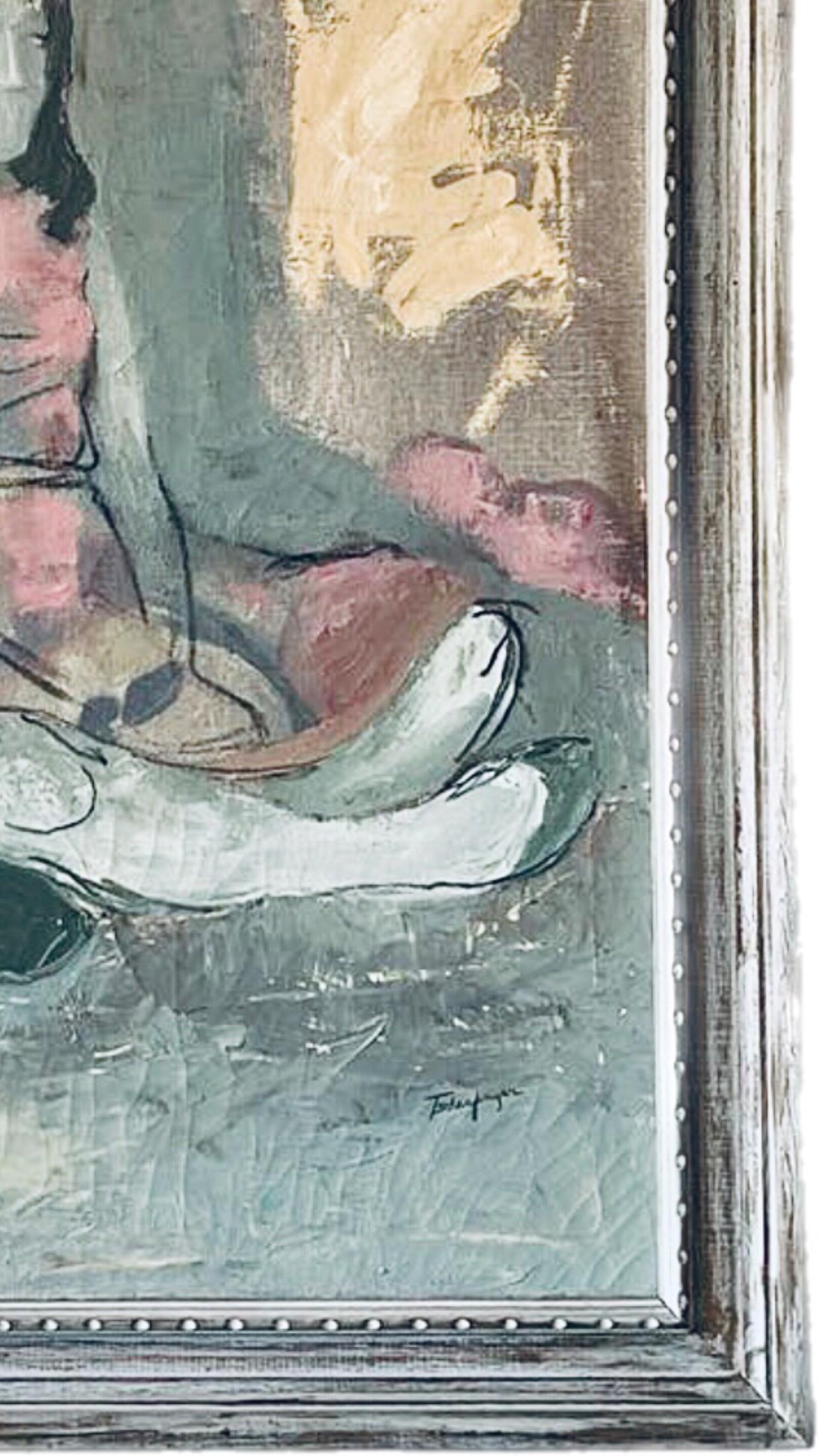 50s Mid Century Modern Tscharfinger Picasso Hommage Mädchen Rosa Kleid Ölgemälde im Angebot 5