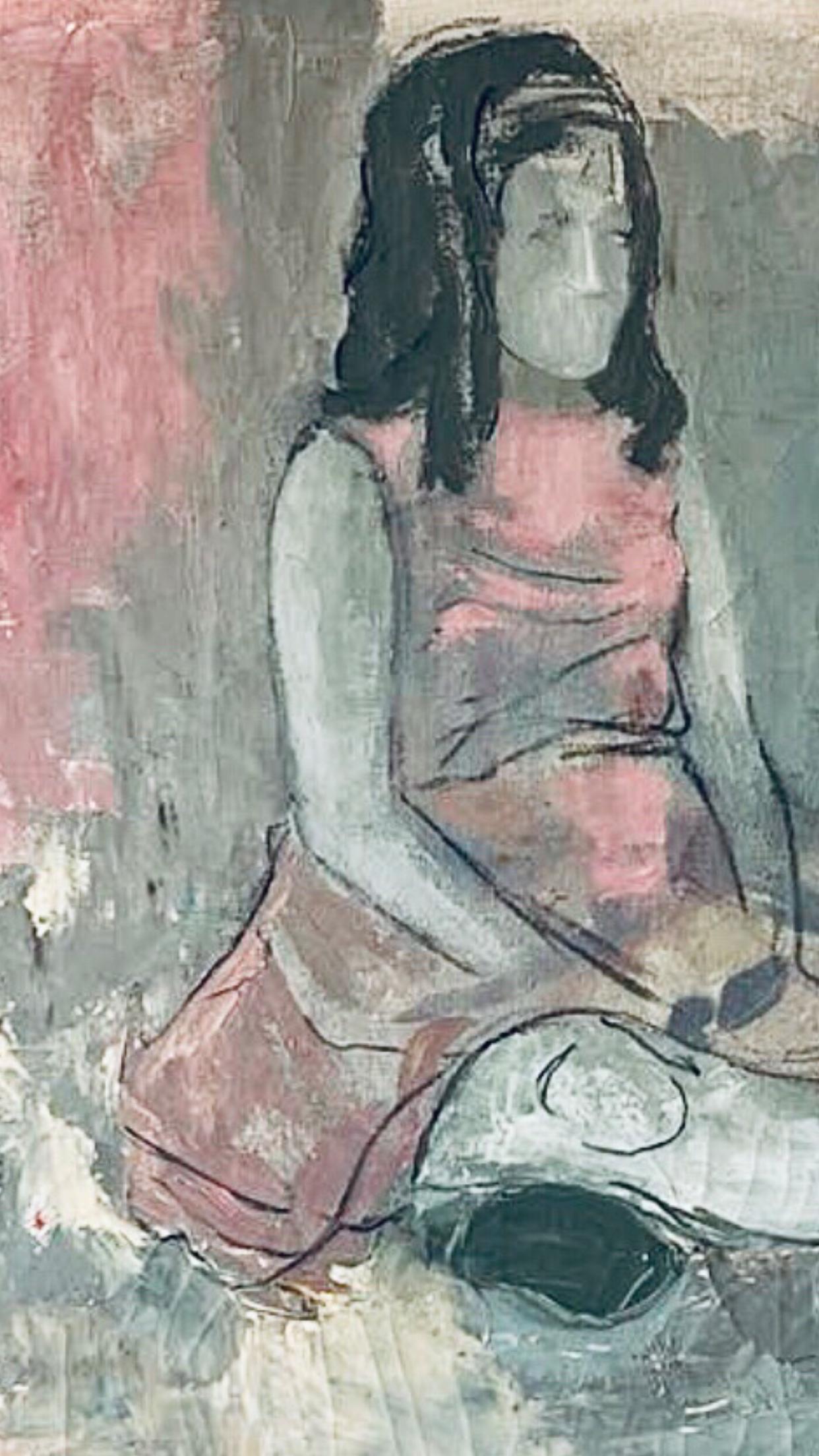 50s Mid Century Modern Tscharfinger Picasso Hommage Mädchen Rosa Kleid Ölgemälde (Moderne der Mitte des Jahrhunderts) im Angebot