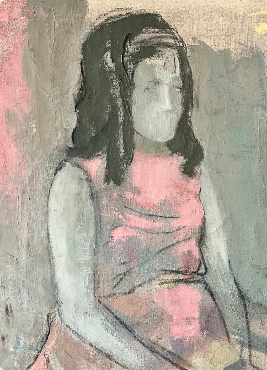 50s Mid Century Modern Tscharfinger Picasso Hommage Mädchen Rosa Kleid Ölgemälde (amerikanisch) im Angebot