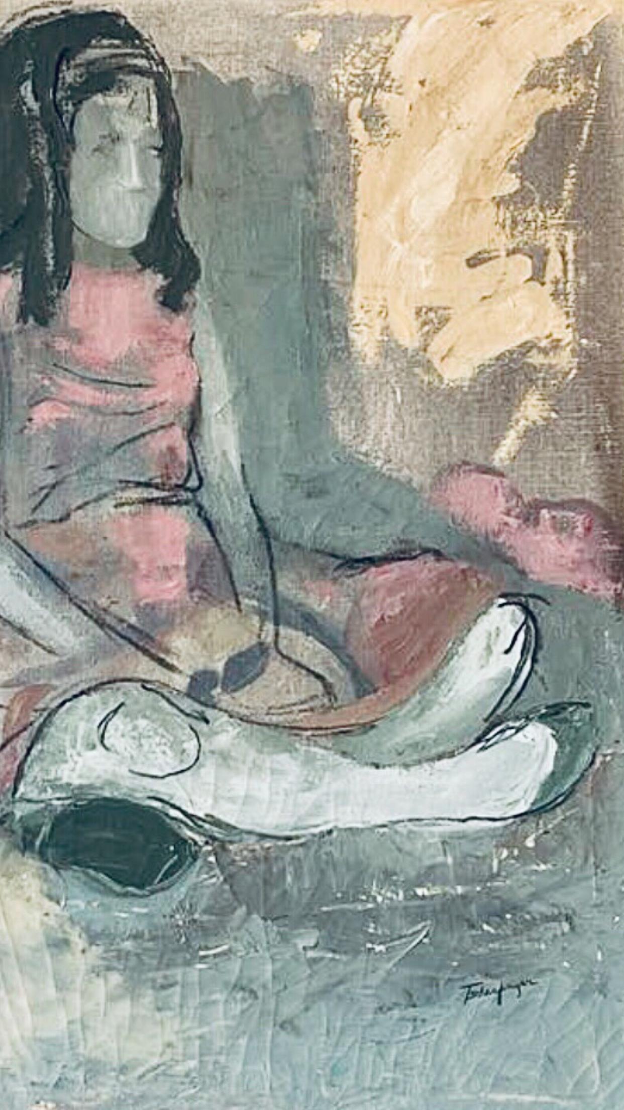 50s Mid Century Modern Tscharfinger Picasso Hommage Mädchen Rosa Kleid Ölgemälde im Zustand „Gut“ im Angebot in St.Petersburg, FL