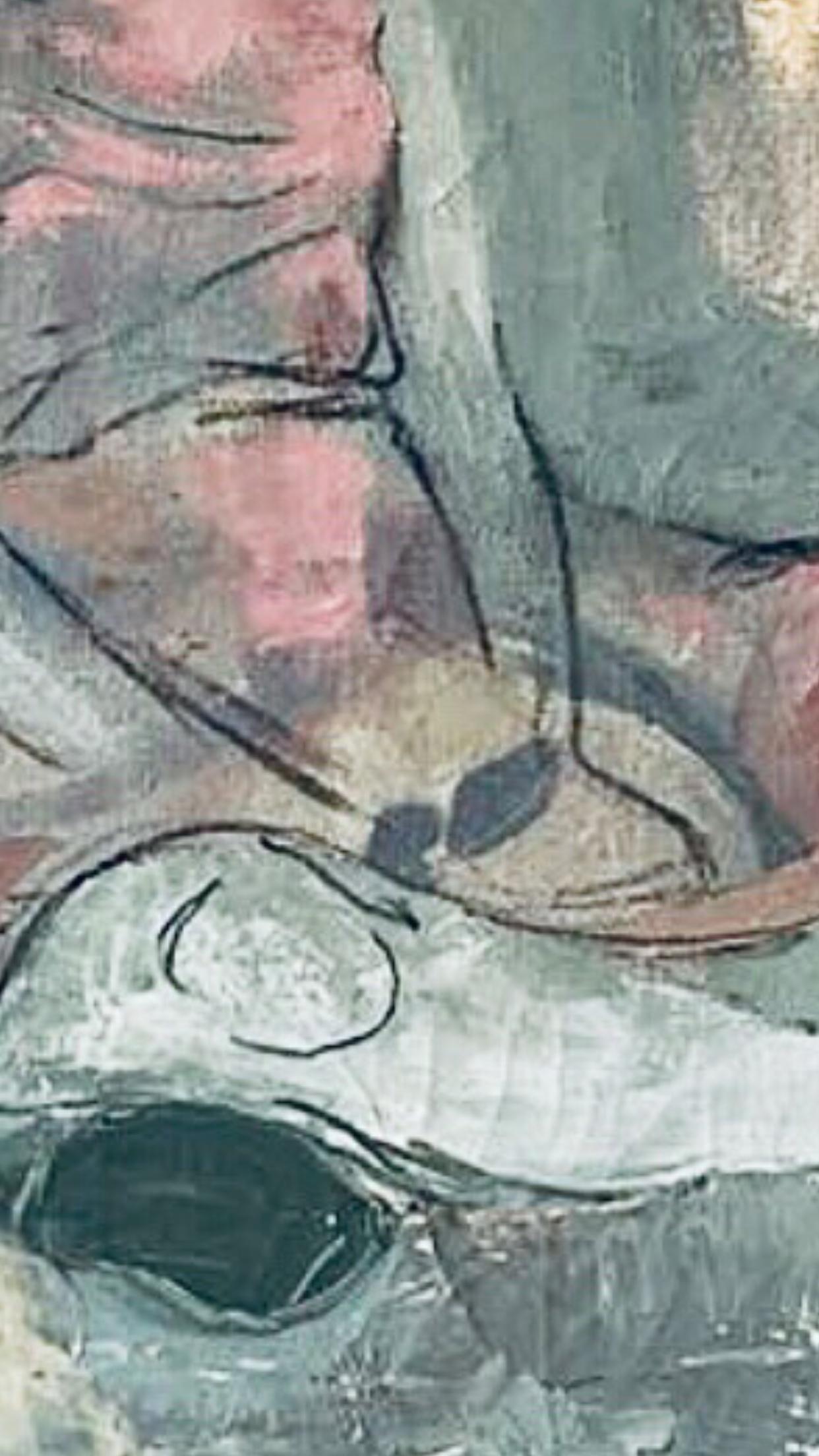 50s Mid Century Modern Tscharfinger Picasso Hommage Mädchen Rosa Kleid Ölgemälde (20. Jahrhundert) im Angebot