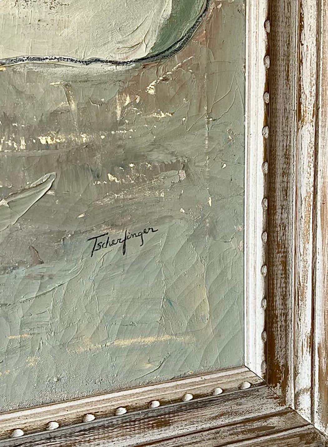 50s Mid Century Modern Tscharfinger Picasso Hommage Mädchen Rosa Kleid Ölgemälde im Angebot 1