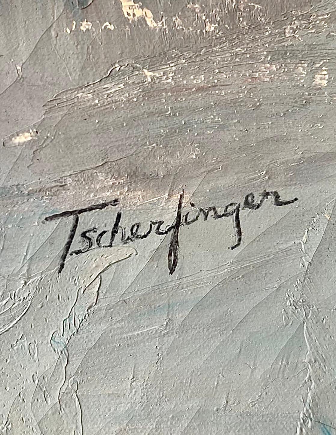 50s Mid Century Modern Tscharfinger Picasso Hommage Mädchen Rosa Kleid Ölgemälde im Angebot 2