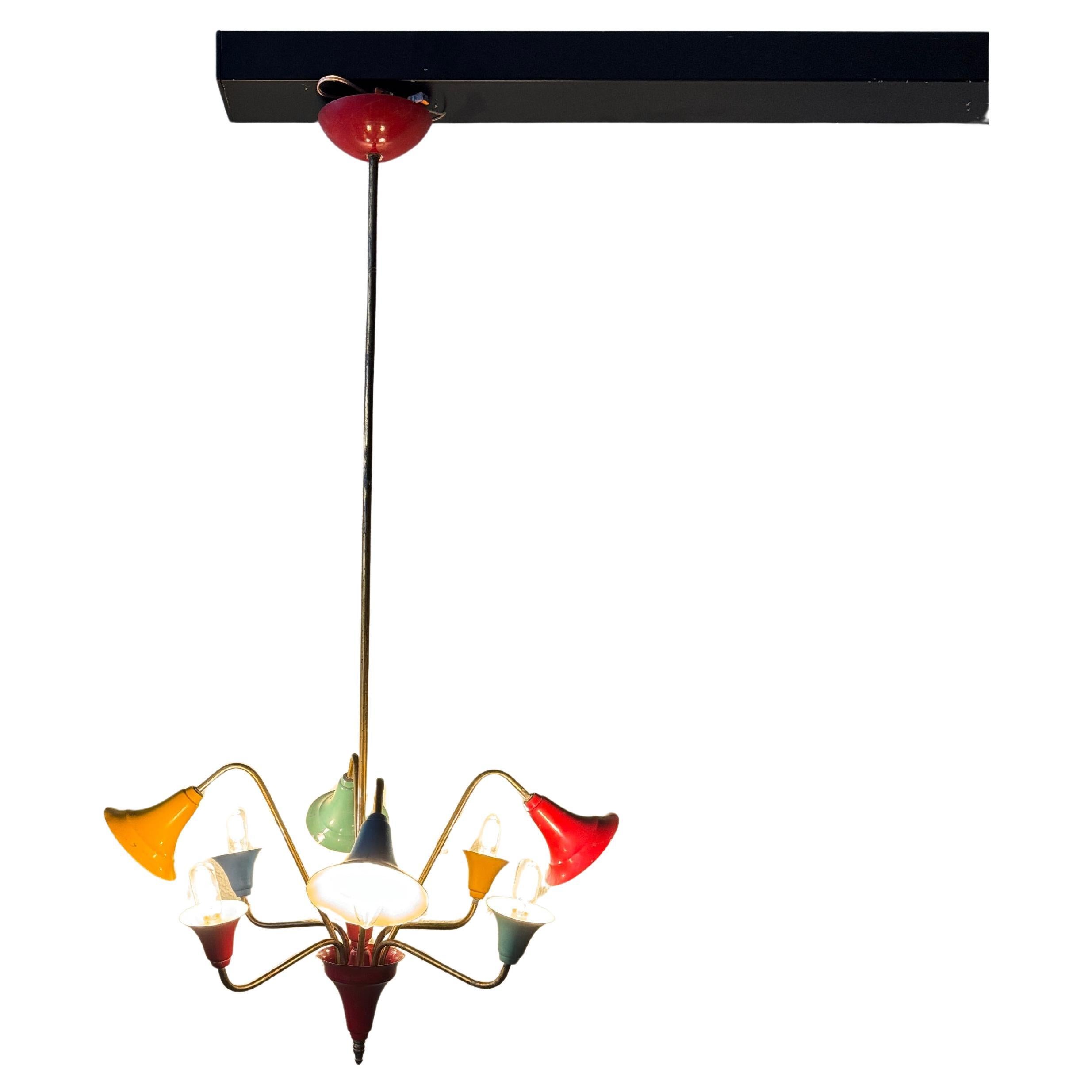 50s Mid Century Multicolour Chandelier Painted Metal Brass Style Stilnovo Italy For Sale