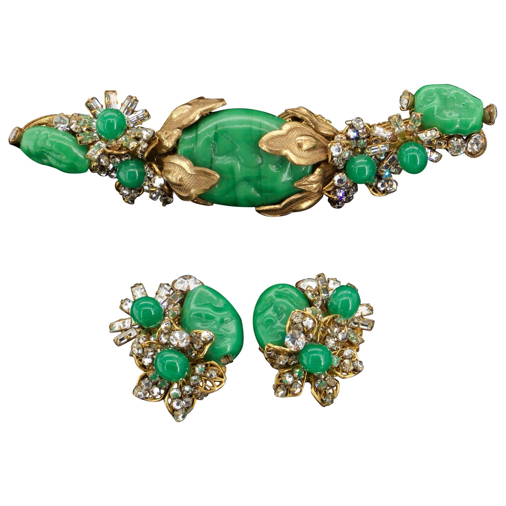 50s Miriam Haskell Jade Pate De Verre Cluster Rhinestone Parure Earrings Brooch