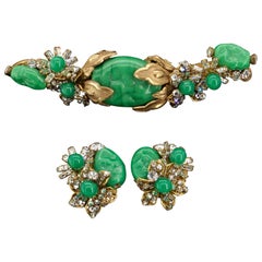 Miriam Haskell - Parure en pâte de verre Jade - Boucles d'oreilles - Broche