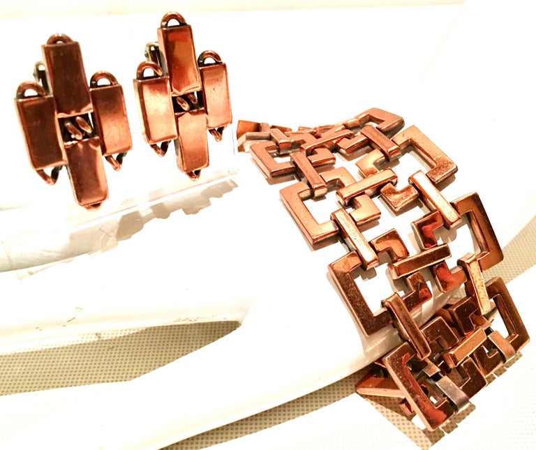 50'S Modernist Copper Geometric Chain Link Bracelet and Earrings S/3 By ...
