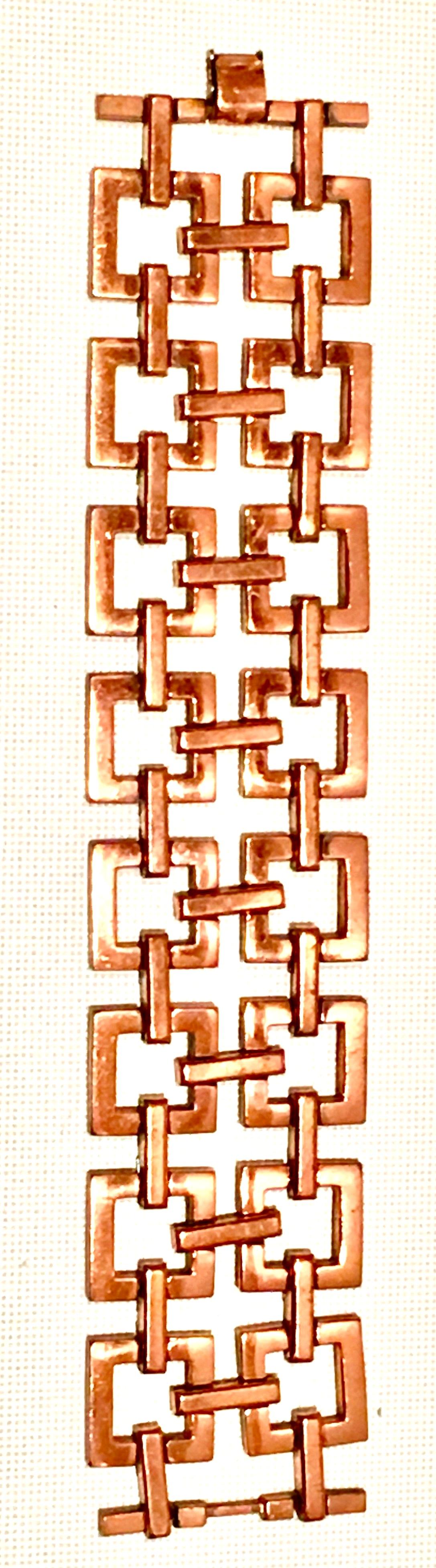 Women's or Men's 50'S Modernist Copper Geometric Chain Link Bracelet & Earrings S/3 By Matisse For Sale