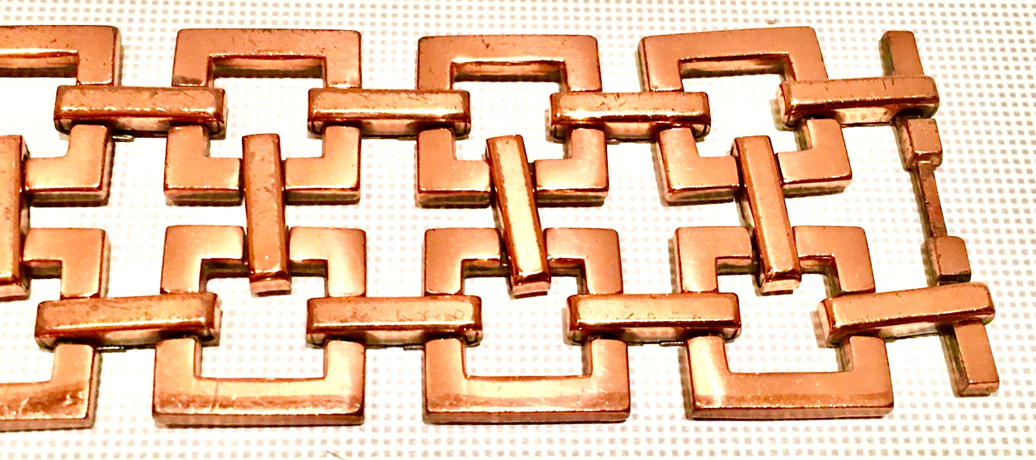 50'S Modernist Copper Geometric Chain Link Bracelet & Earrings S/3 By Matisse For Sale 1