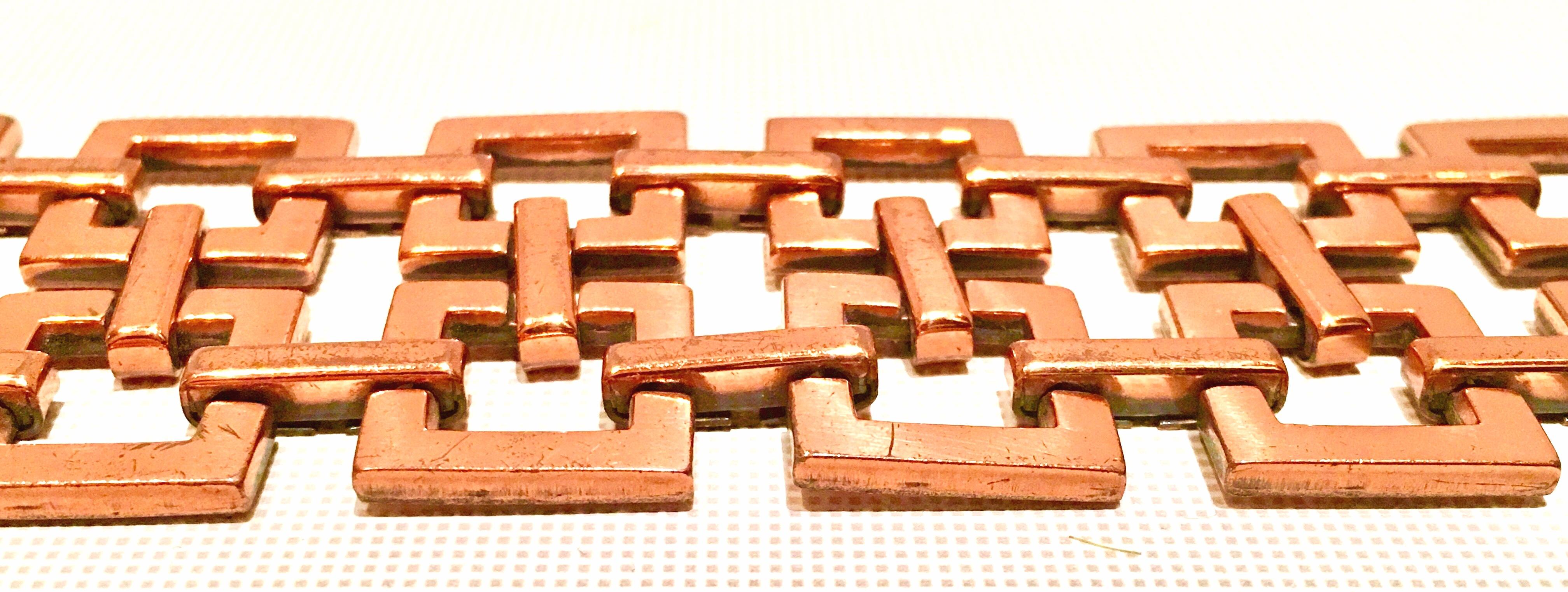 50'S Modernist Copper Geometric Chain Link Bracelet & Earrings S/3 By Matisse For Sale 1