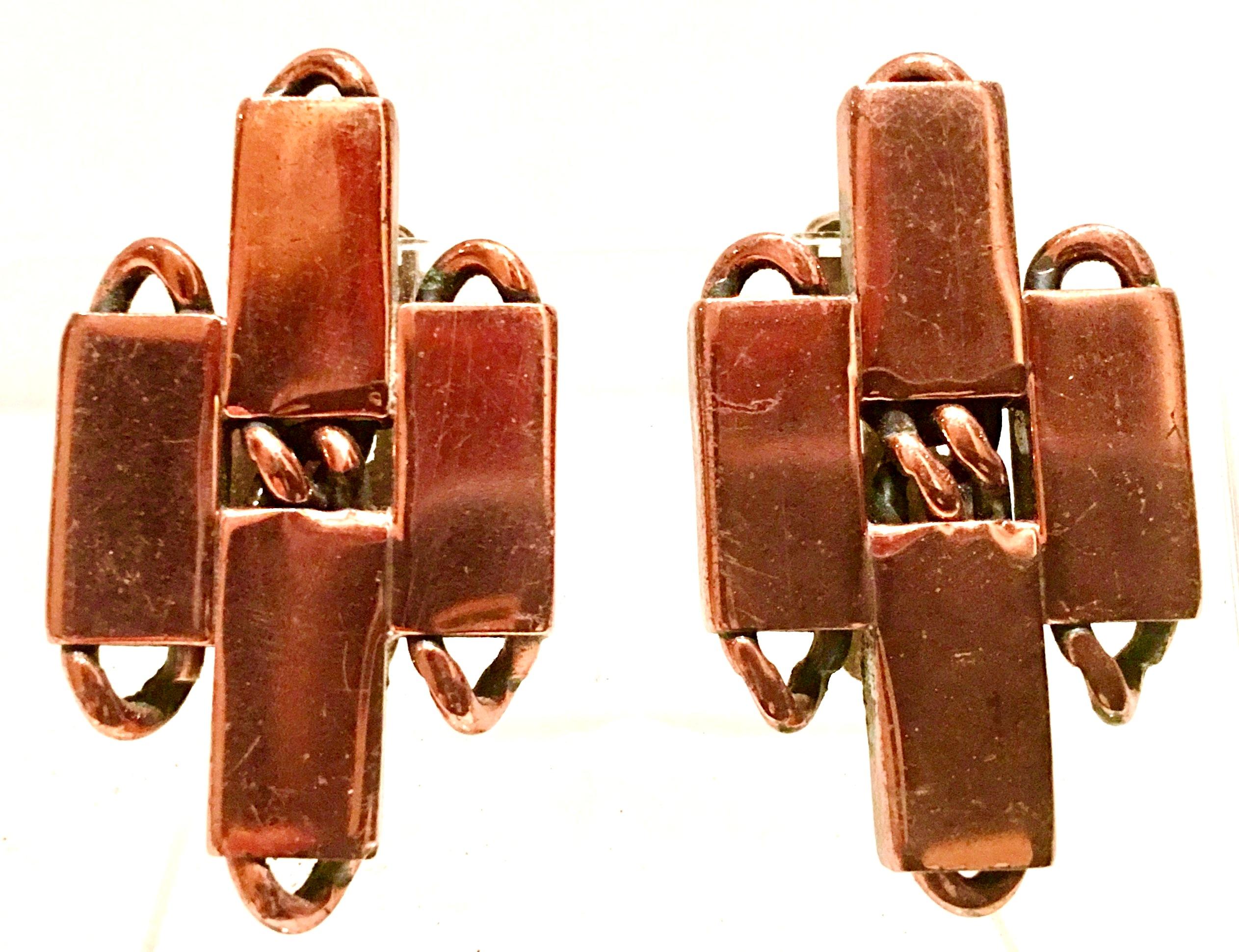 50'S Modernist Copper Geometric Chain Link Bracelet & Earrings S/3 By Matisse For Sale 2