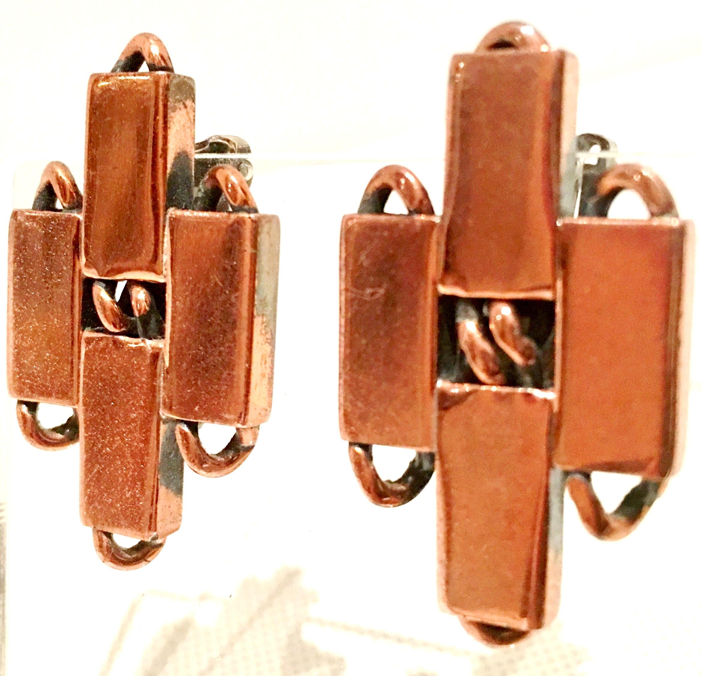 50'S Modernist Copper Geometric Chain Link Bracelet & Earrings S/3 By Matisse For Sale 3