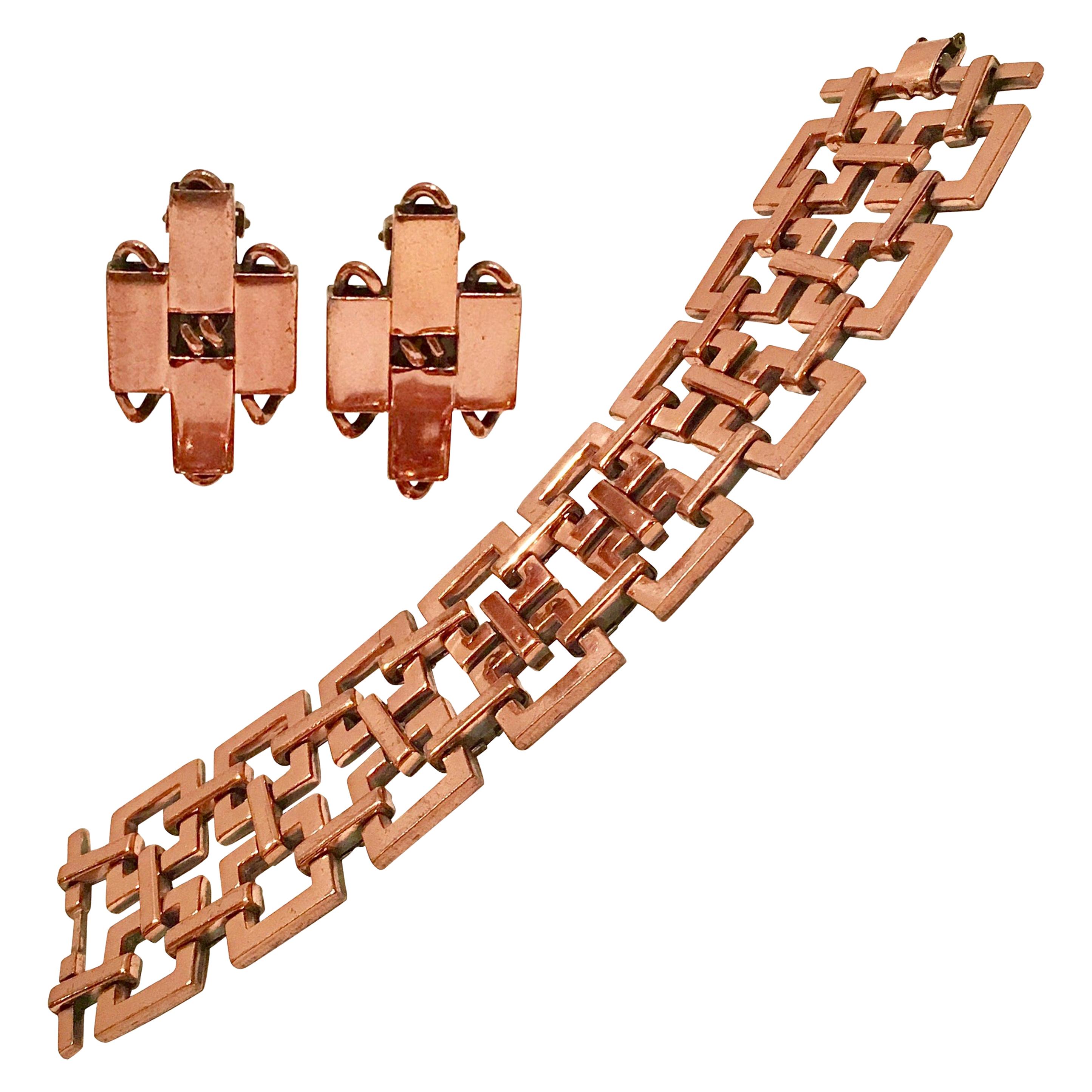50'S Modernist Copper Geometric Chain Link Bracelet & Earrings S/3 By Matisse For Sale