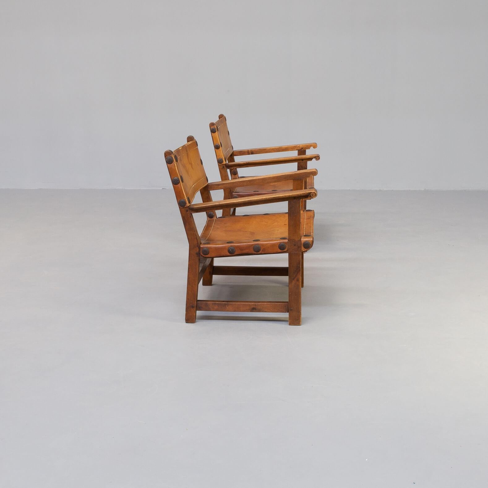 50s Oak Brutalist Spanish Chair with Saddle Leather For Sale 2