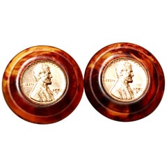 50'S Pair Bakelite Faux Tortoise 1958 US Lincoln Penny Coin Earrings By, Bergere