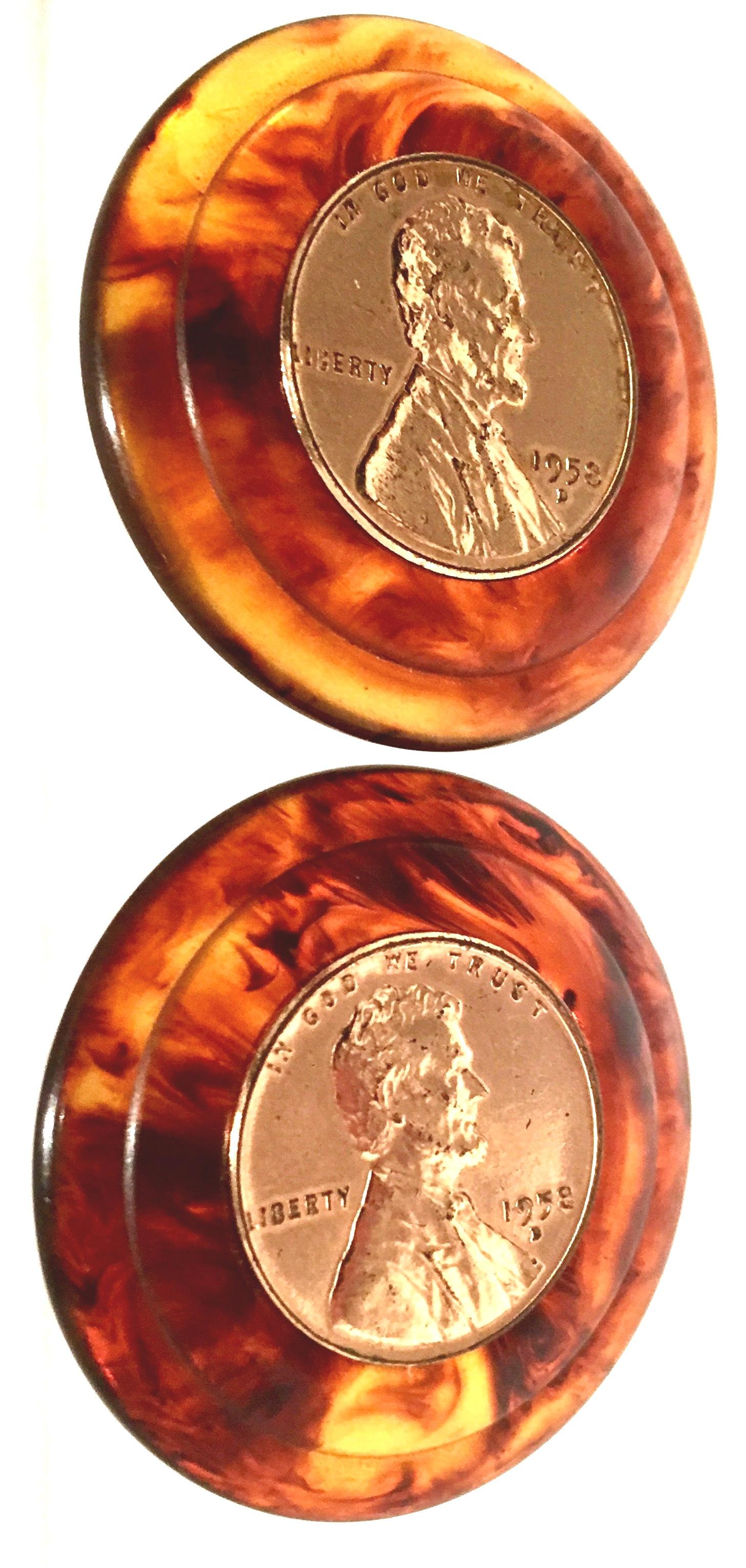 50'S Pair Bakelite Faux Tortoise 1958 US Lincoln Penny Coin Earrings By, Bergere 1