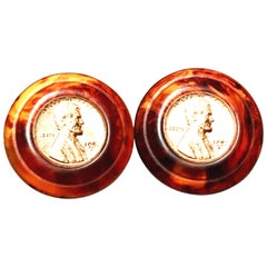 Retro 50'S Pair Bakelite Faux Tortoise 1958 US Lincoln Penny Coin Earrings By, Bergere