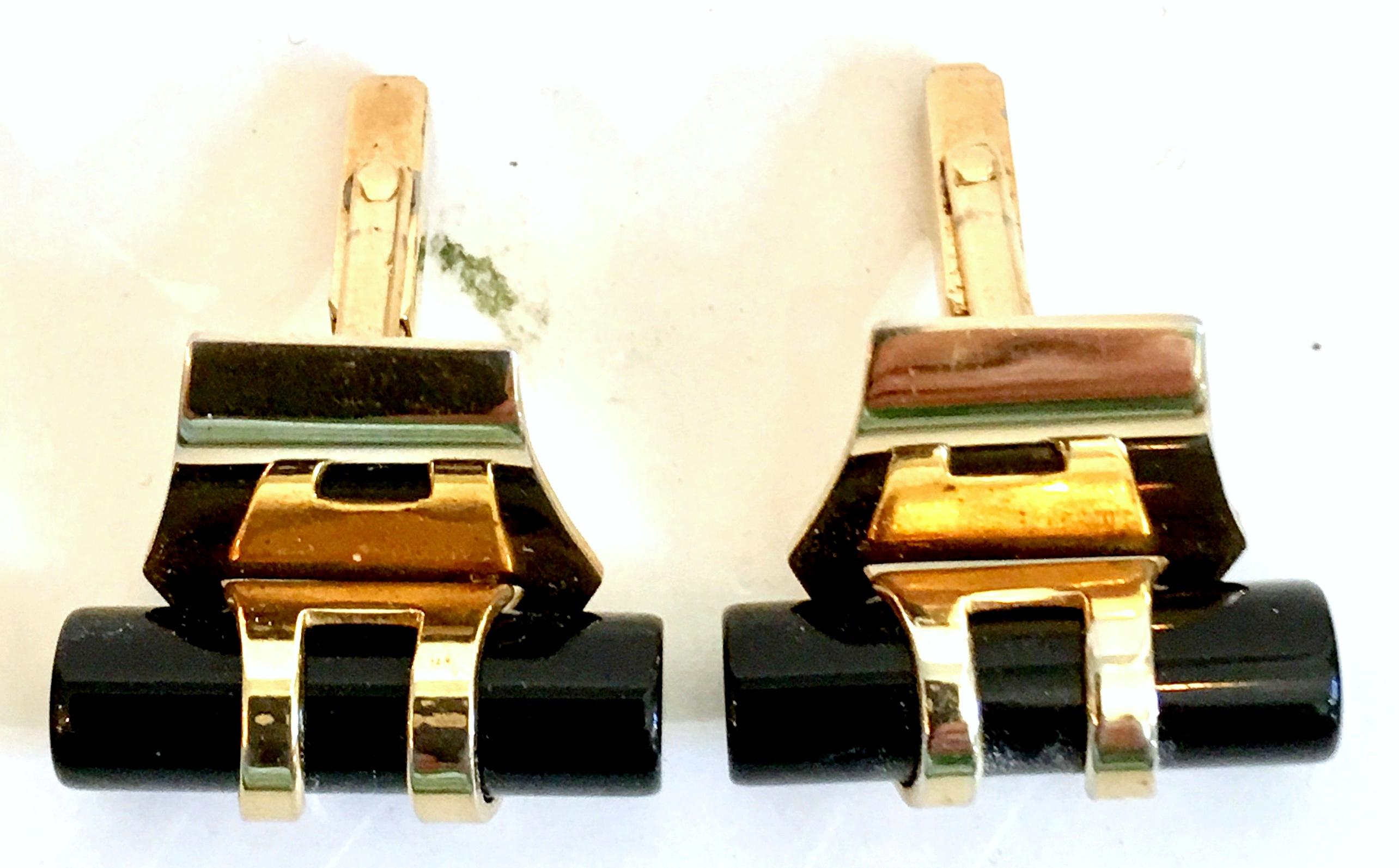 Women's or Men's 50'S Pair Of Art Deco Style Onyx & 12K Gold Cuff Links By, Anson