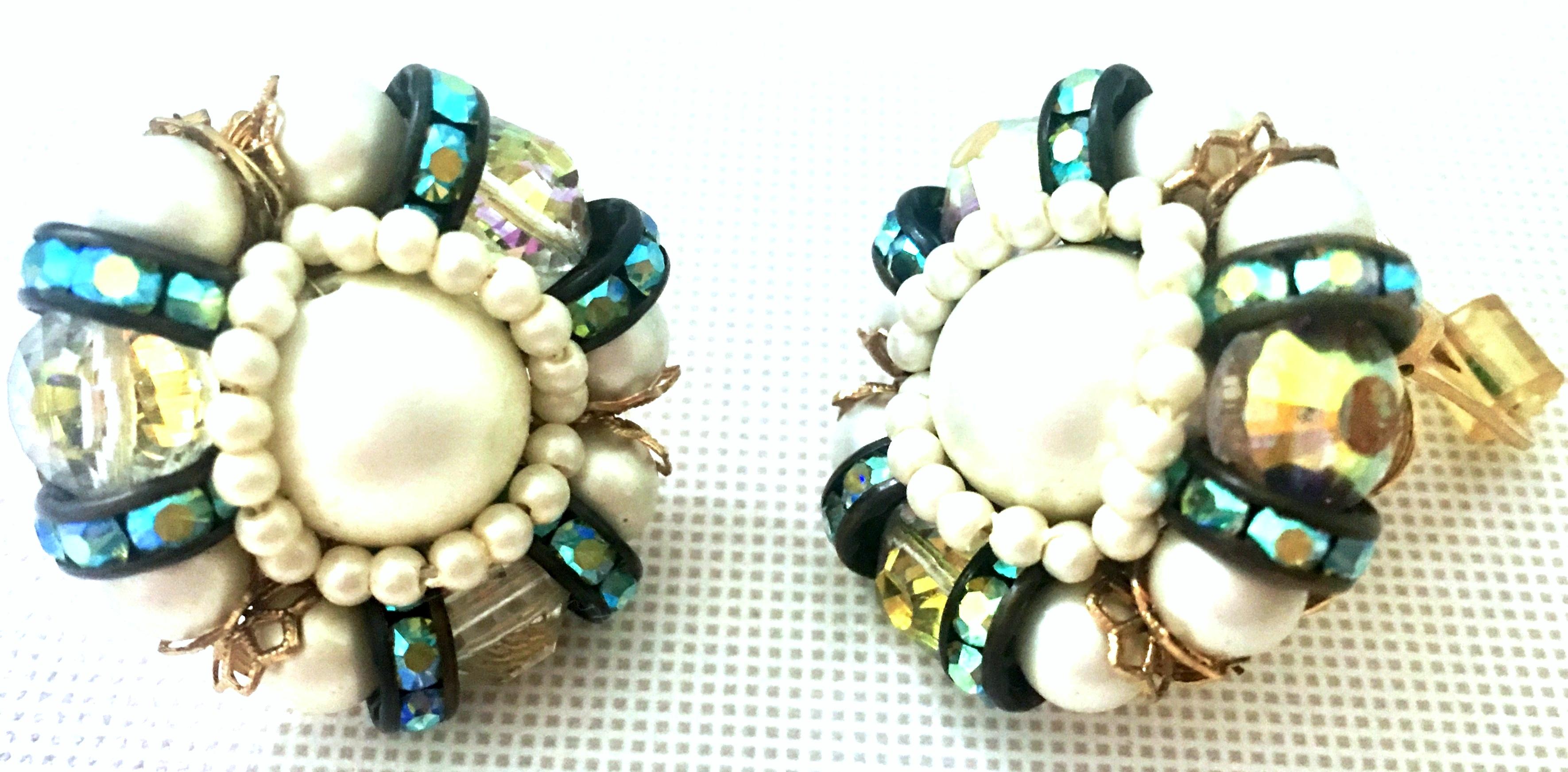 Women's or Men's 50'S Pair Of Gold,  Milk Glass & Swarovski Crystal Earrings By, Hobe For Sale