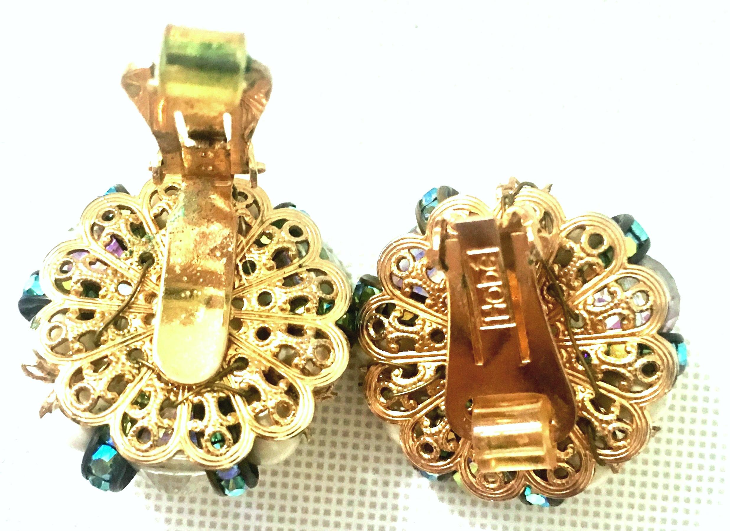 50'S Pair Of Gold,  Milk Glass & Swarovski Crystal Earrings By, Hobe For Sale 2