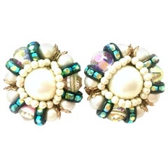50'S Pair Of Gold,  Milk Glass & Swarovski Crystal Earrings By, Hobe