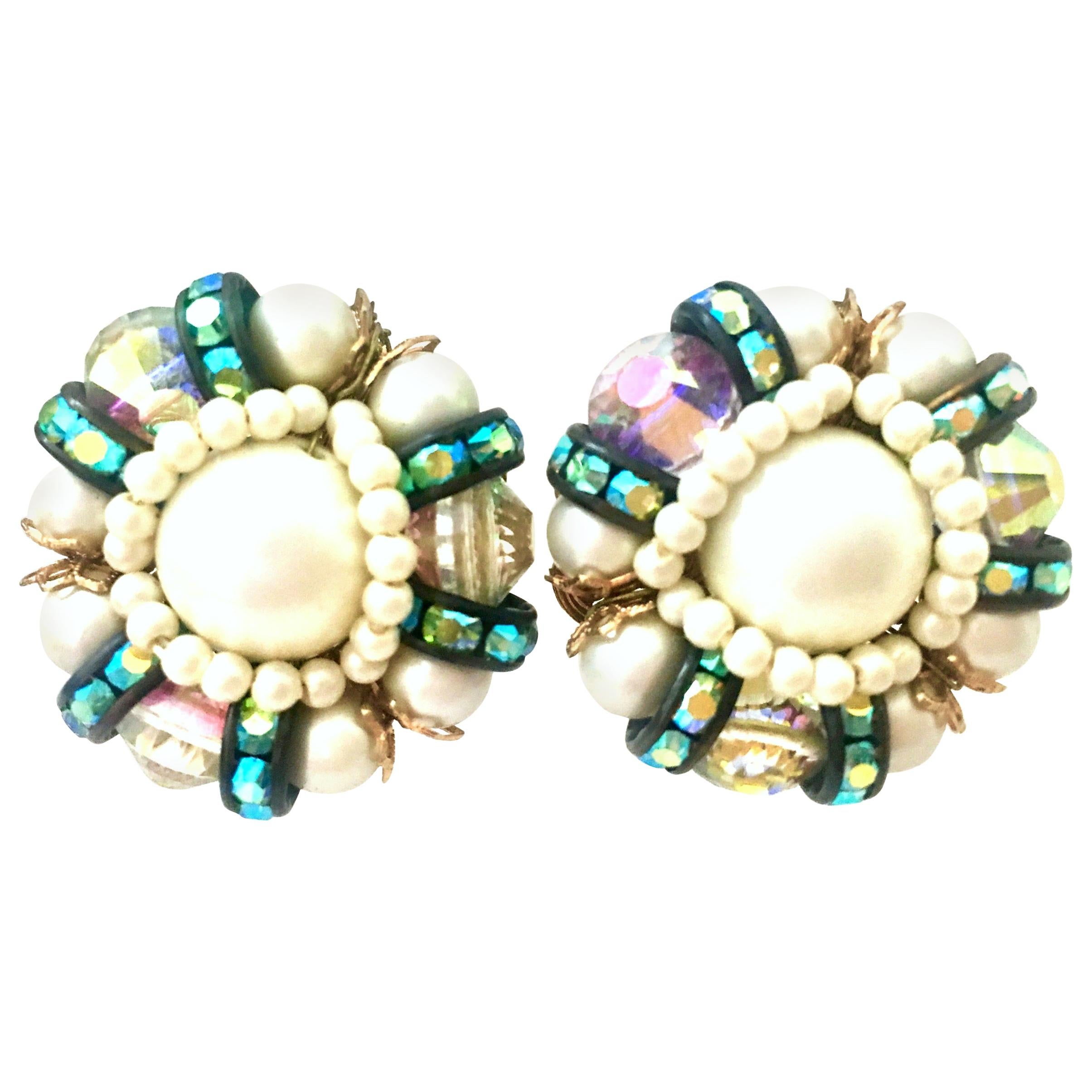 50'S Pair Of Gold,  Milk Glass & Swarovski Crystal Earrings By, Hobe For Sale