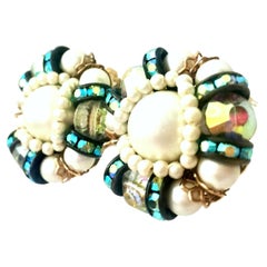 50'S Pair Of Gold, Milk Glass & Swarovski Crystal Earrings By, Hobe