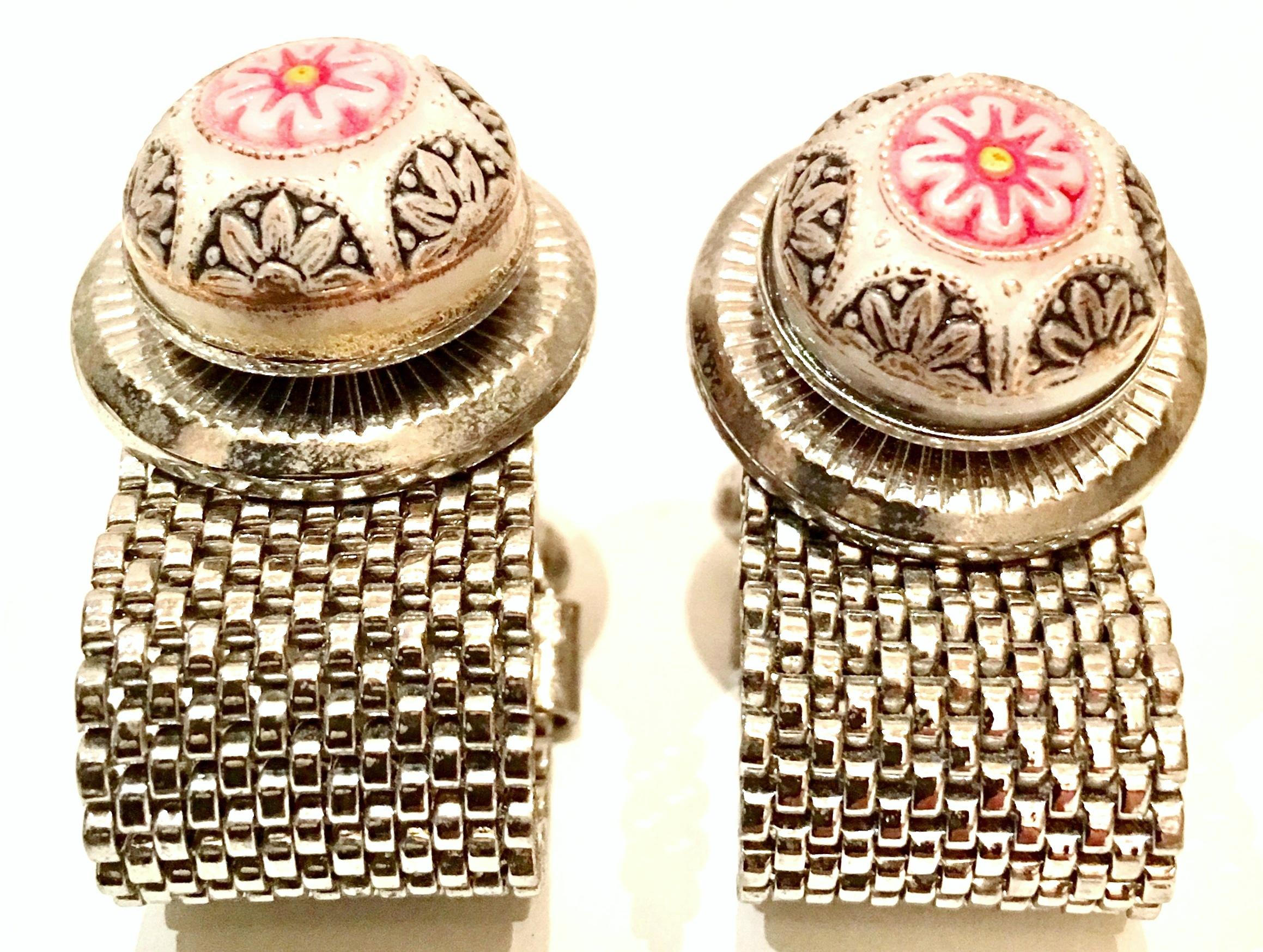 1950'S Pair Of Rare Silver Metal Mesh, Hand Carved And Stained Pearl Cufflinks. These 