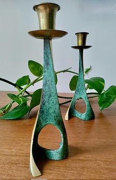 50s Pair Vintage Pal Bell Abstract Modernist Brass Verdigris CandleHolder Israel