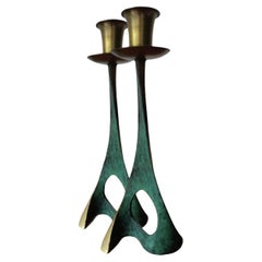 50s Pair Vintage Pal Bell Abstract Modernist Brass Verdigris Candle Holders Isra