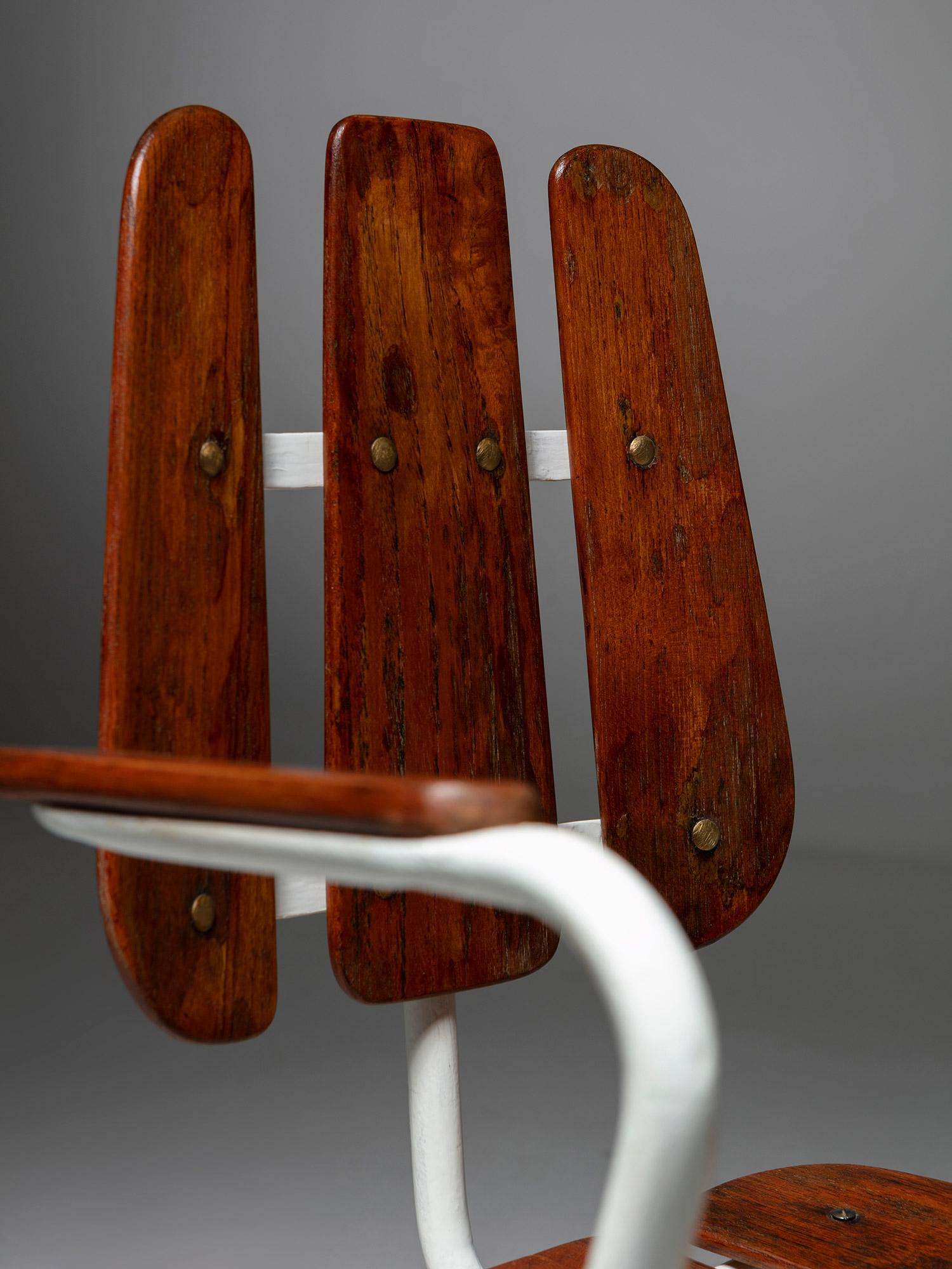 Italian White Metal Patio Armchair,  Wood Stripes, 1950s For Sale 2
