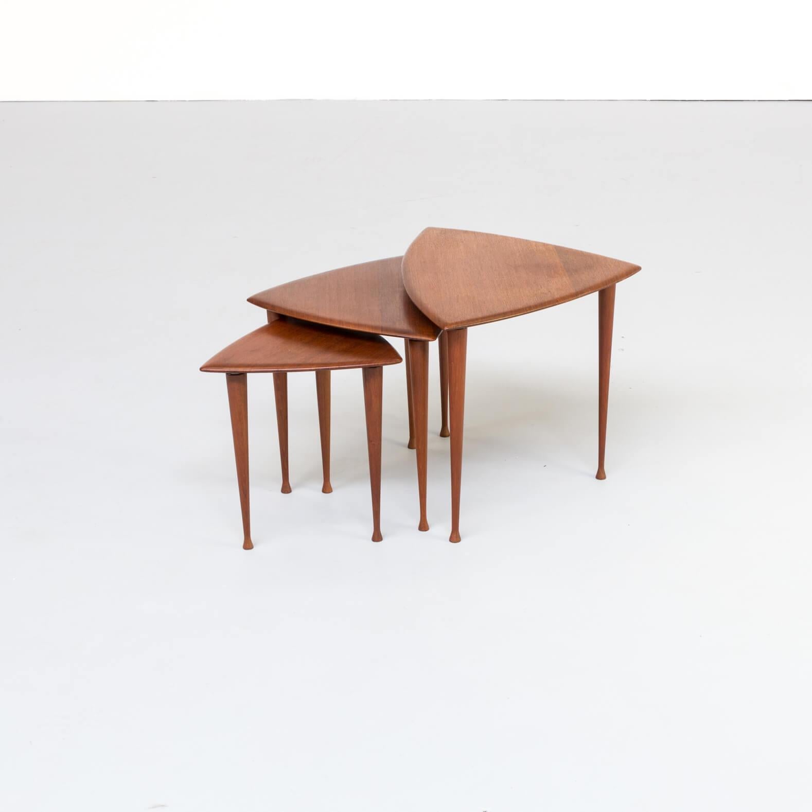 20th Century 1950s Poul Thorsbjerg Jensen Teak Veneer Triangle Nesting Tables for Selig For Sale