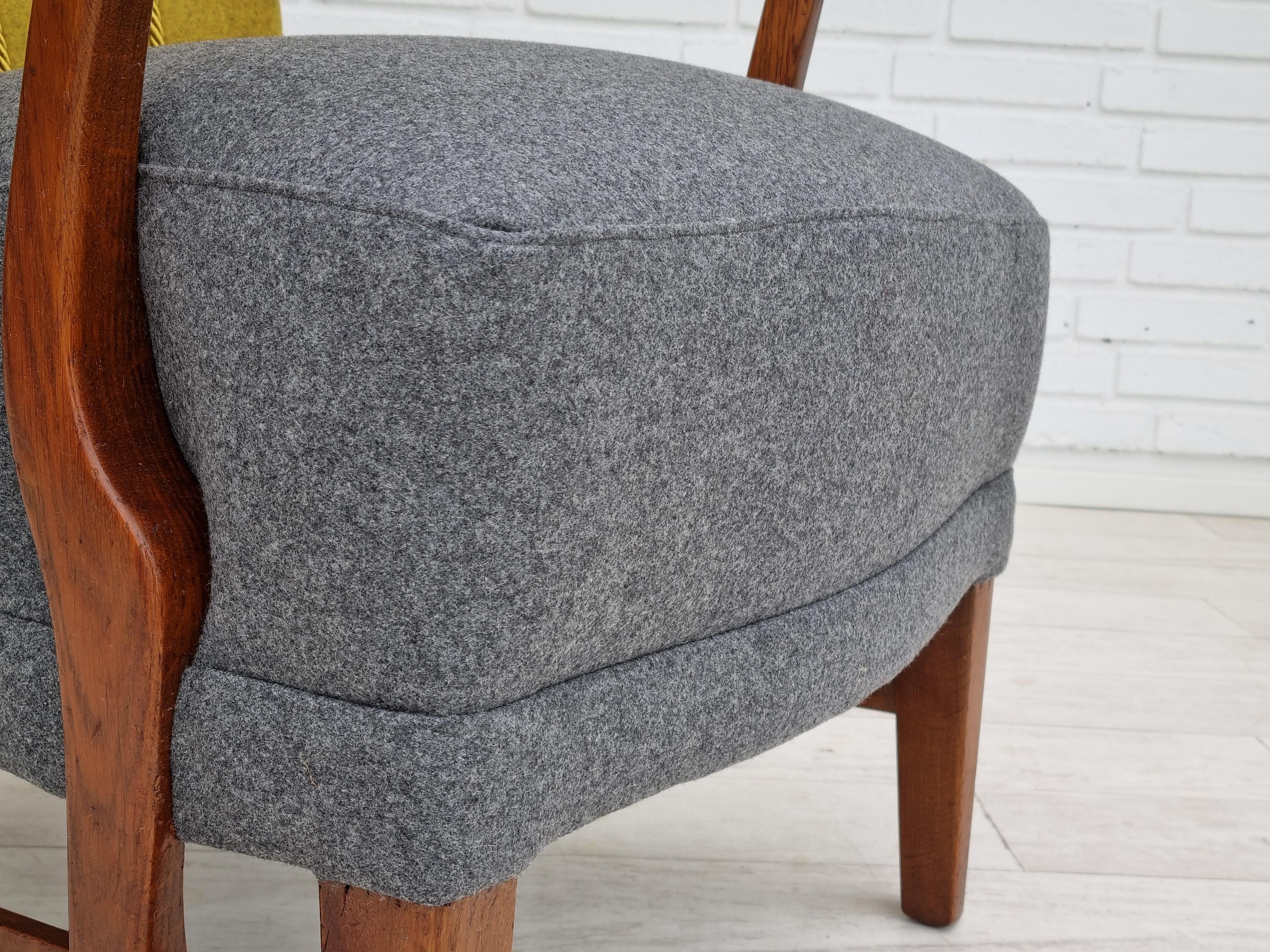 50s, refurbished Danish relax armchair, furniture wool fabric, oak 5