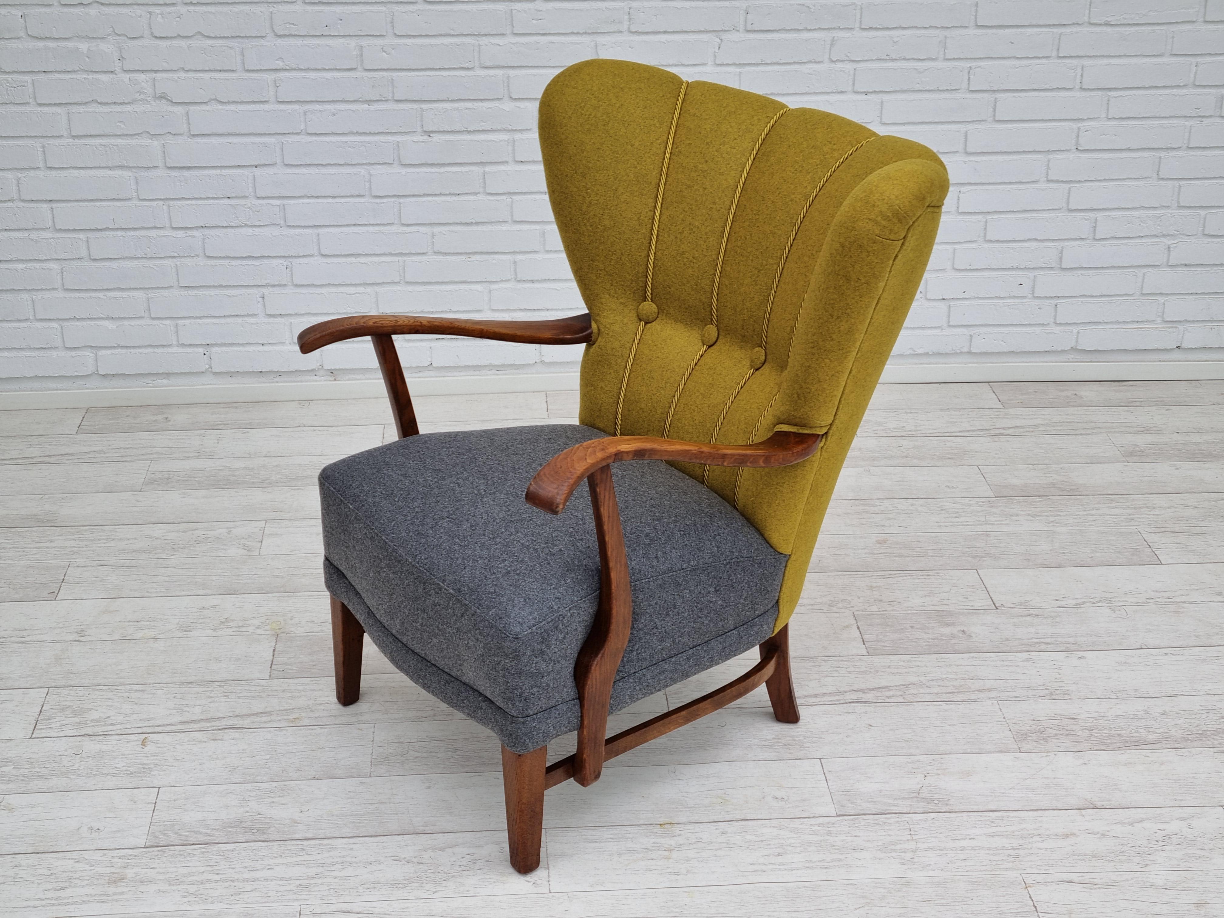 50s, refurbished Danish relax armchair, furniture wool fabric, oak 9