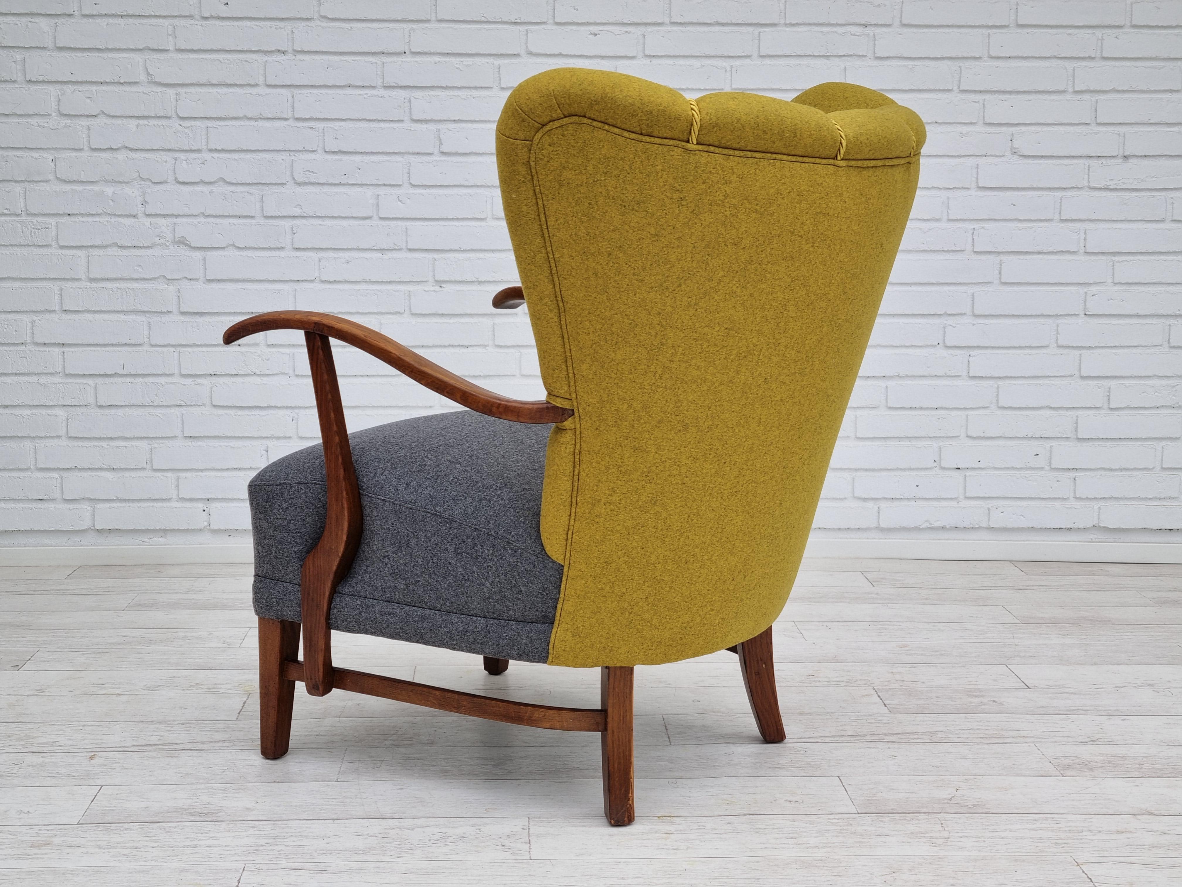 50s, refurbished Danish relax armchair, furniture wool fabric, oak 11