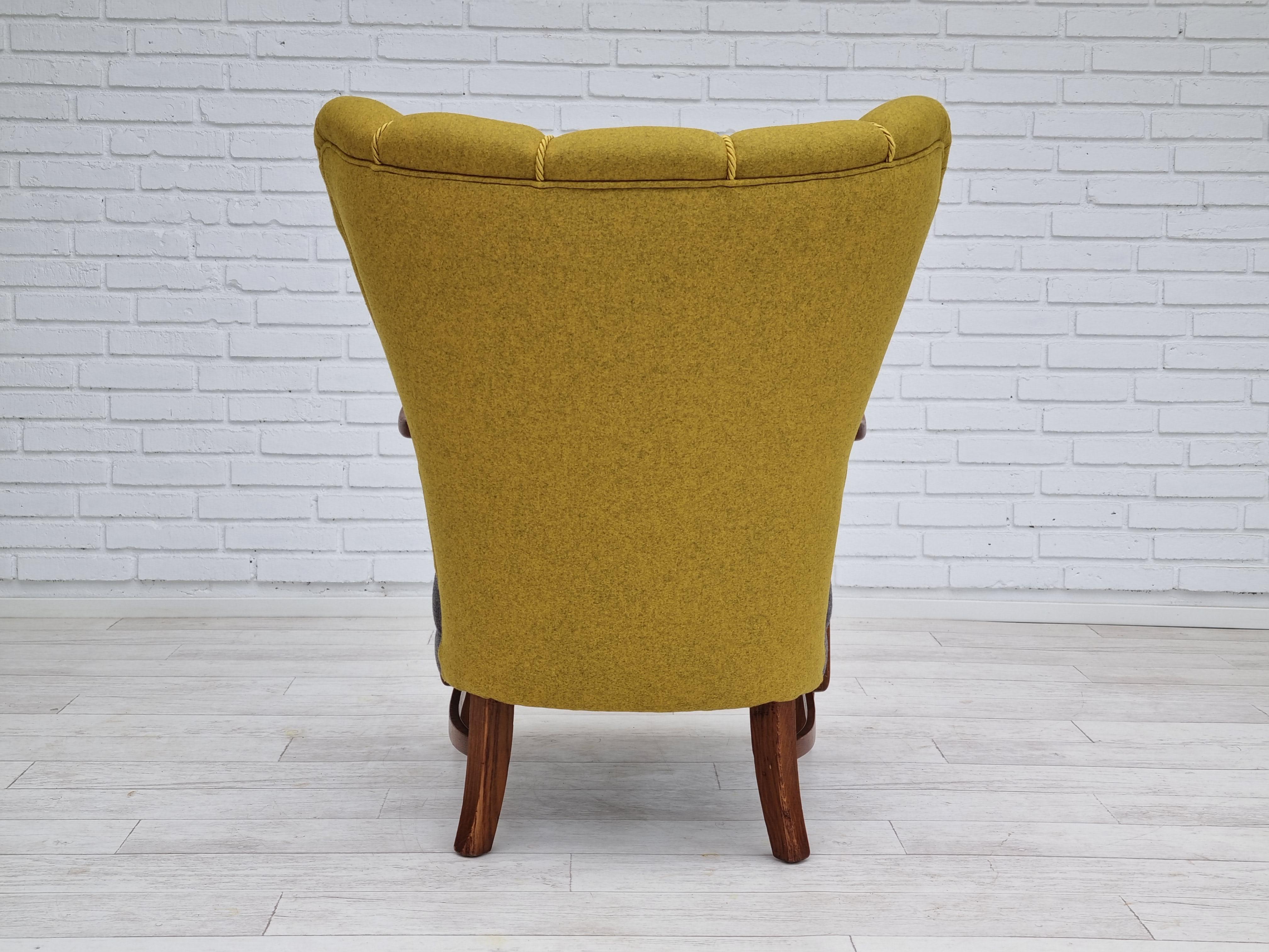 Mid-20th Century 50s, refurbished Danish relax armchair, furniture wool fabric, oak