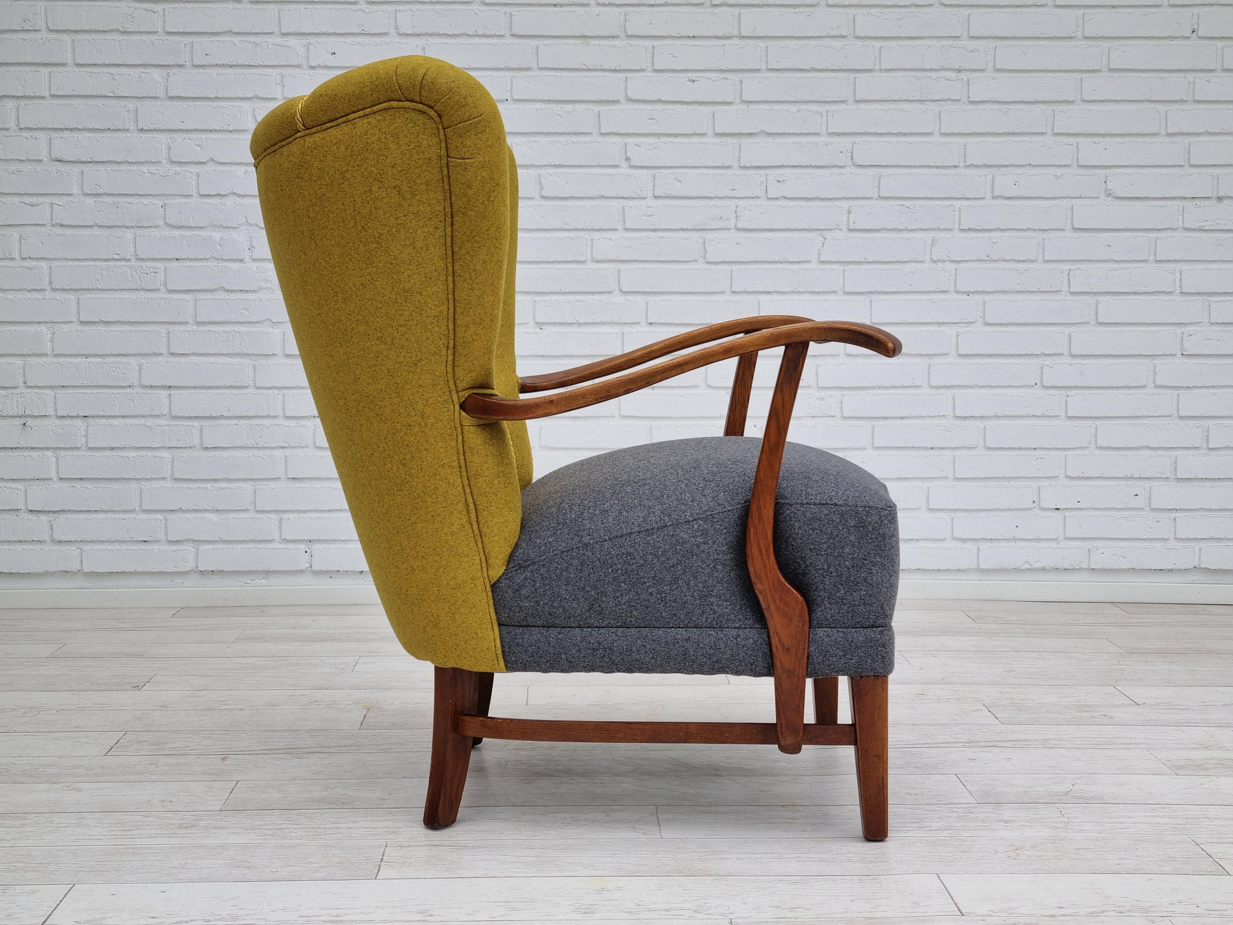 Wool 50s, refurbished Danish relax armchair, furniture wool fabric, oak