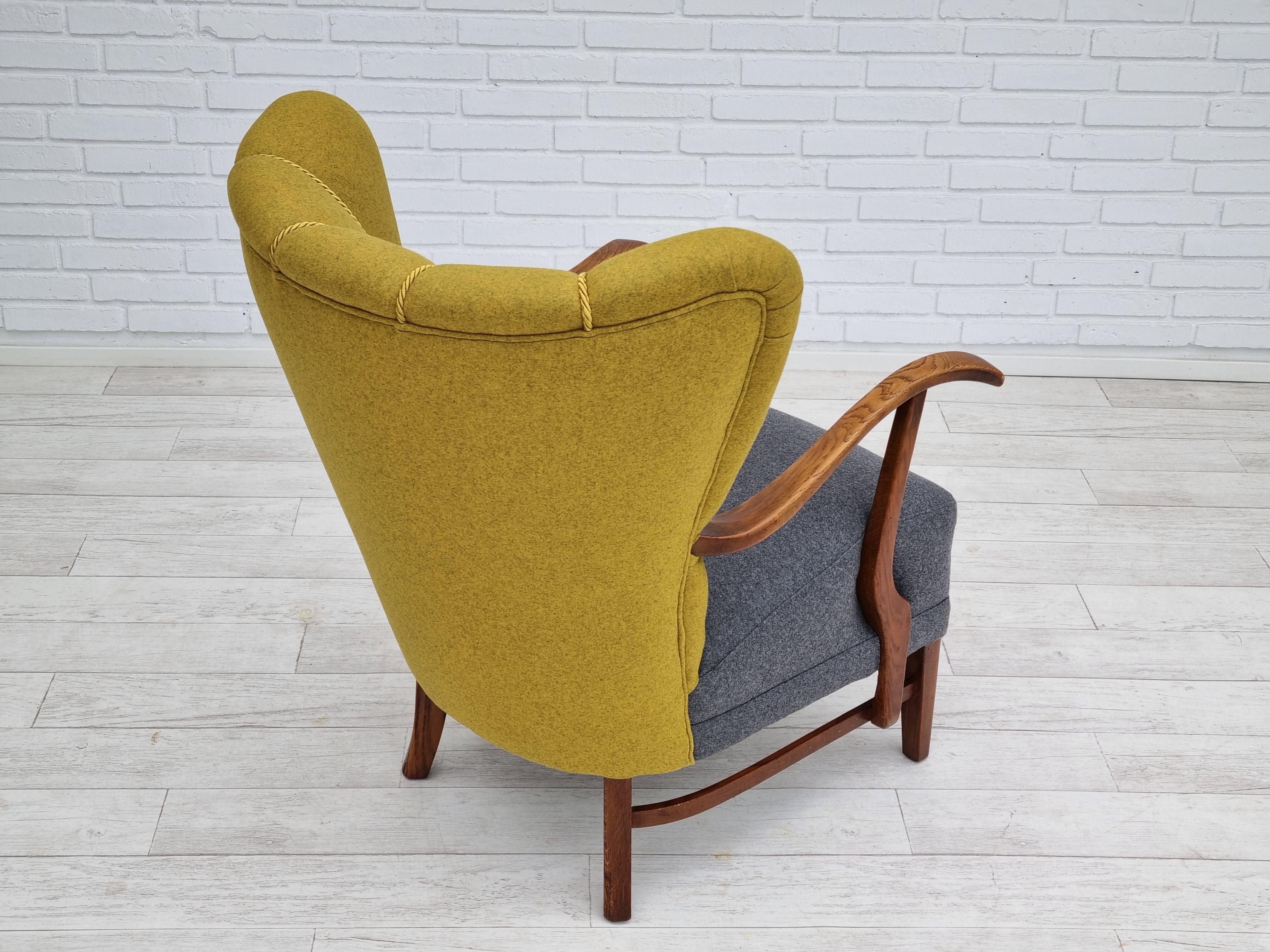 50s, refurbished Danish relax armchair, furniture wool fabric, oak 1