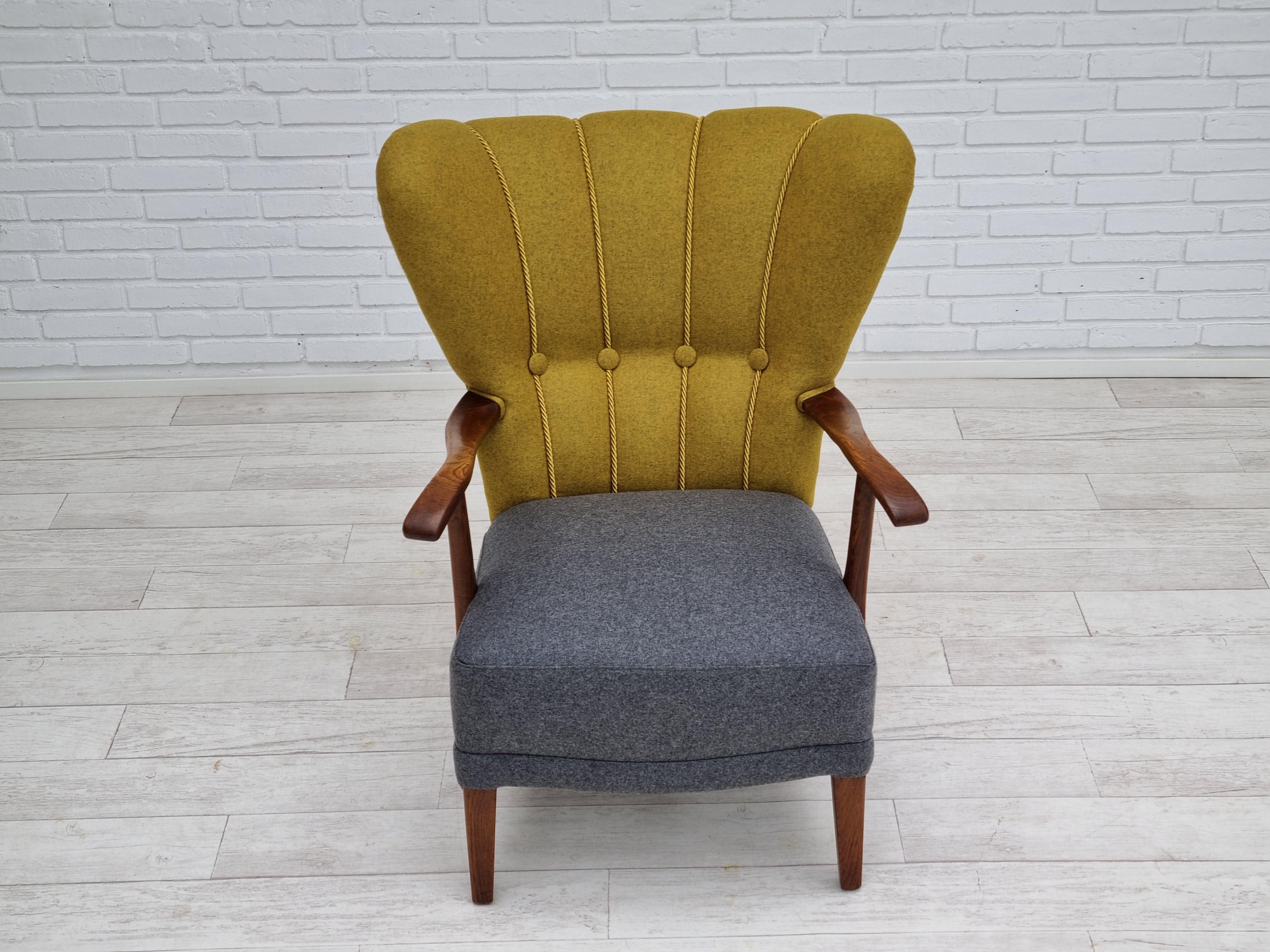 50s, refurbished Danish relax armchair, furniture wool fabric, oak 2