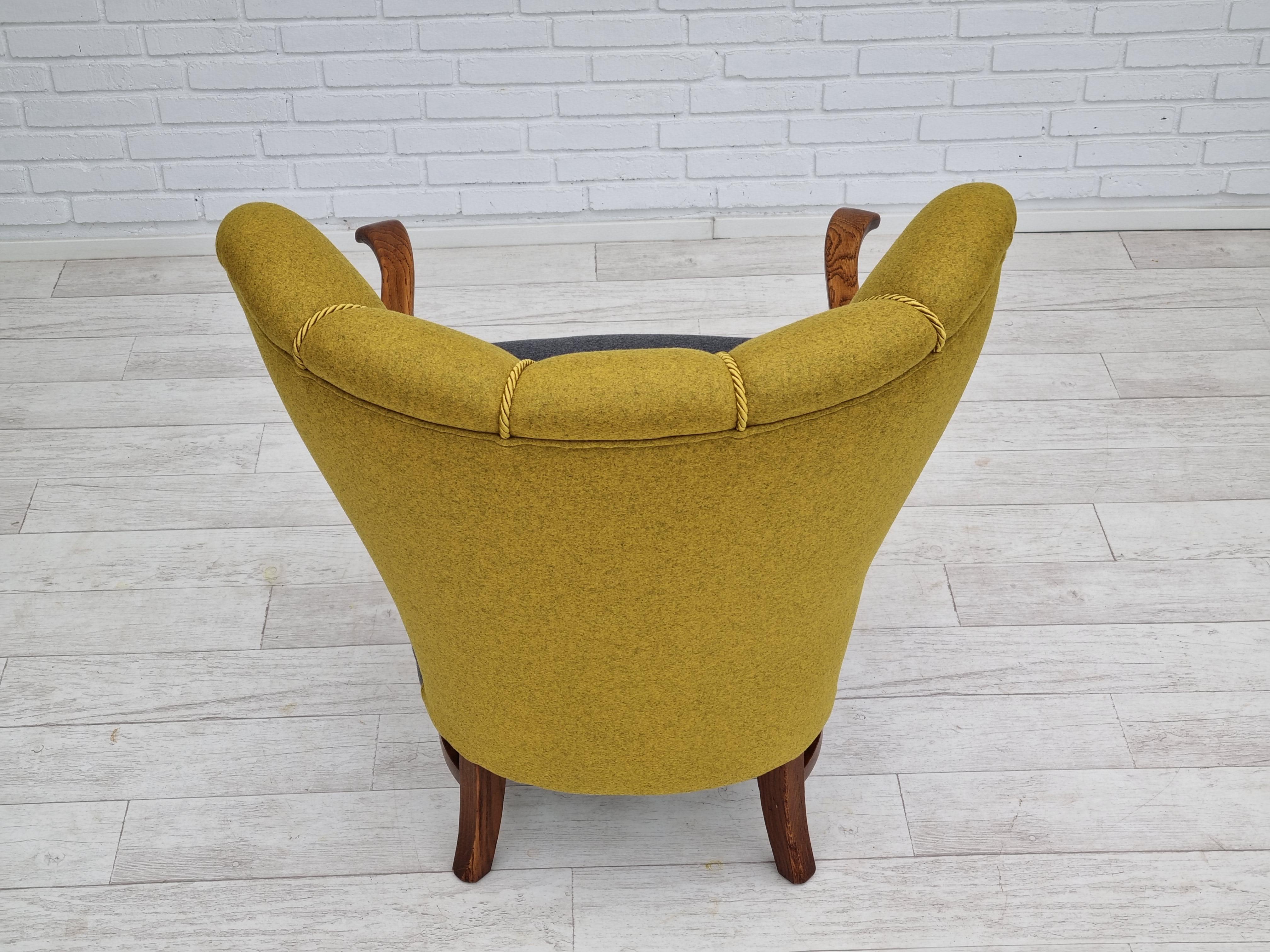 50s, refurbished Danish relax armchair, furniture wool fabric, oak 3
