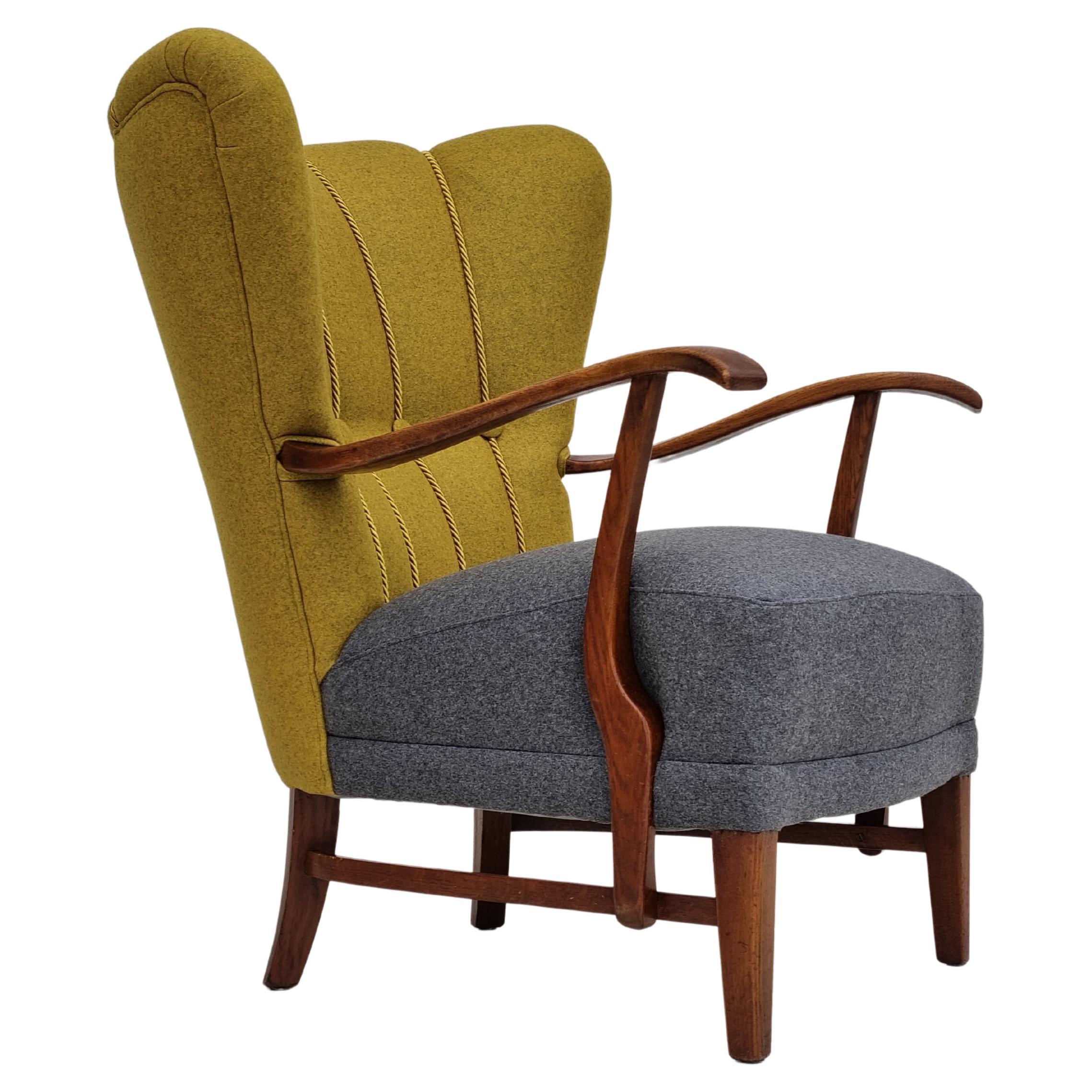 50s, refurbished Danish relax armchair, furniture wool fabric, oak