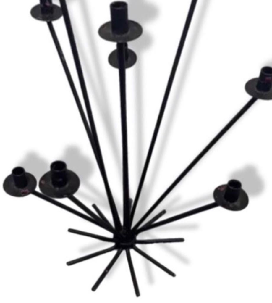 Scandinavian Modern 50s Scandinavian Wrought Iron 9Light Ljusstake Starburst Vintage Menorah Denmark For Sale