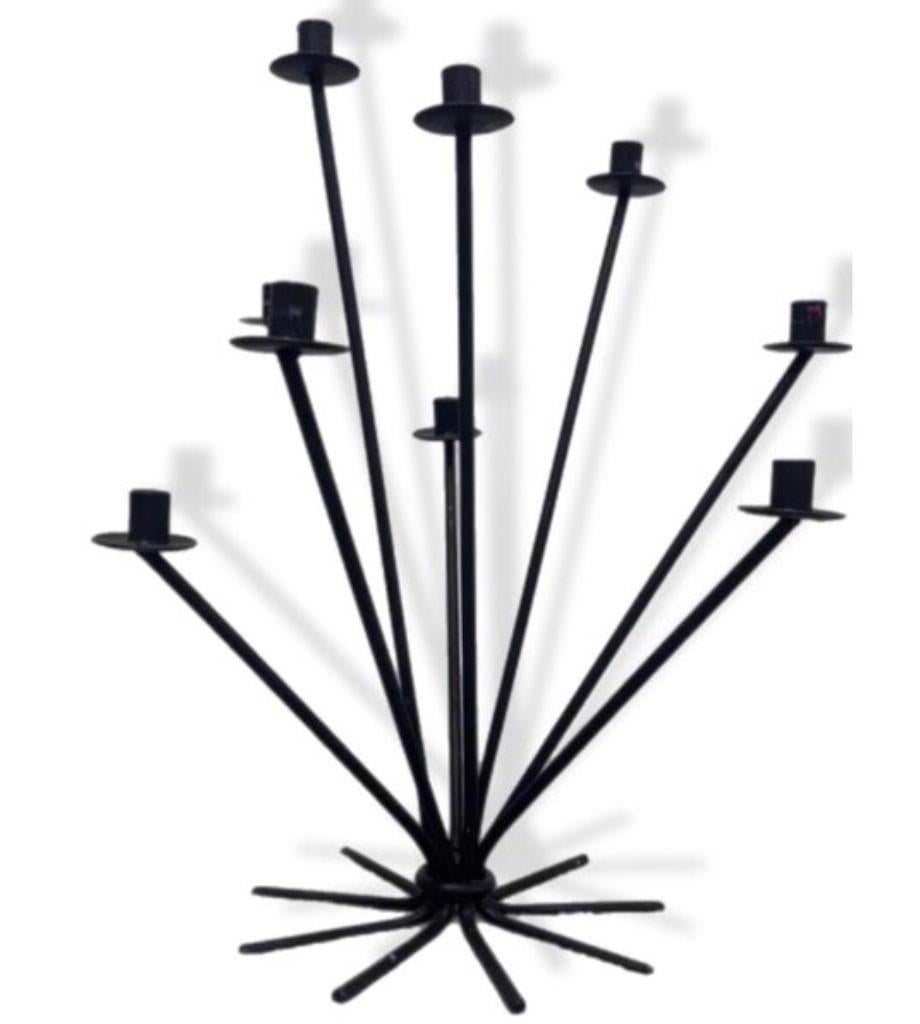 50s Scandinavian Wrought Iron 9Light Ljusstake Starburst Vintage Menorah Denmark In Good Condition For Sale In St.Petersburg, FL